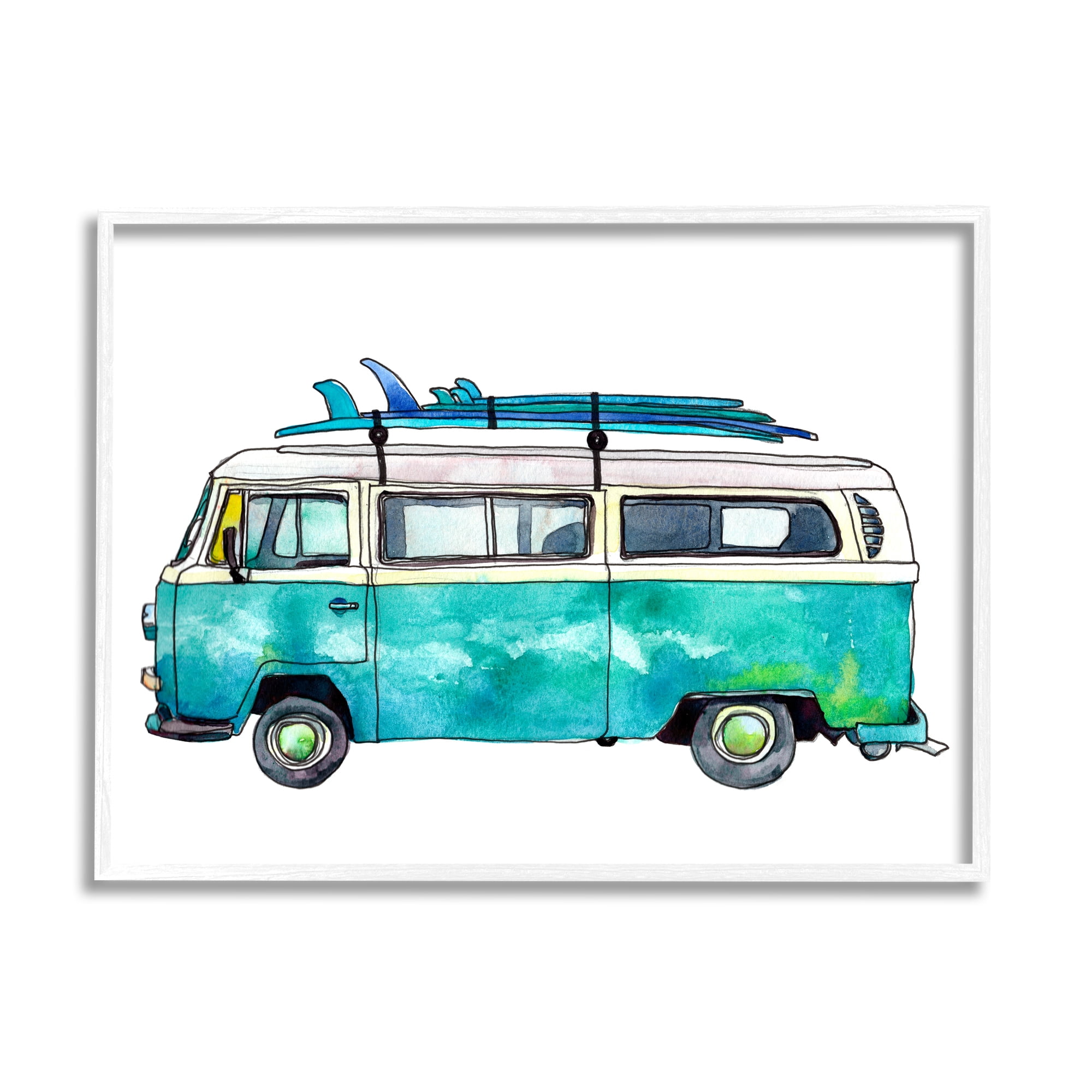 Stupell Summer Vacation Surfboard Van Landscape Painting White Framed Art Print Wall Art