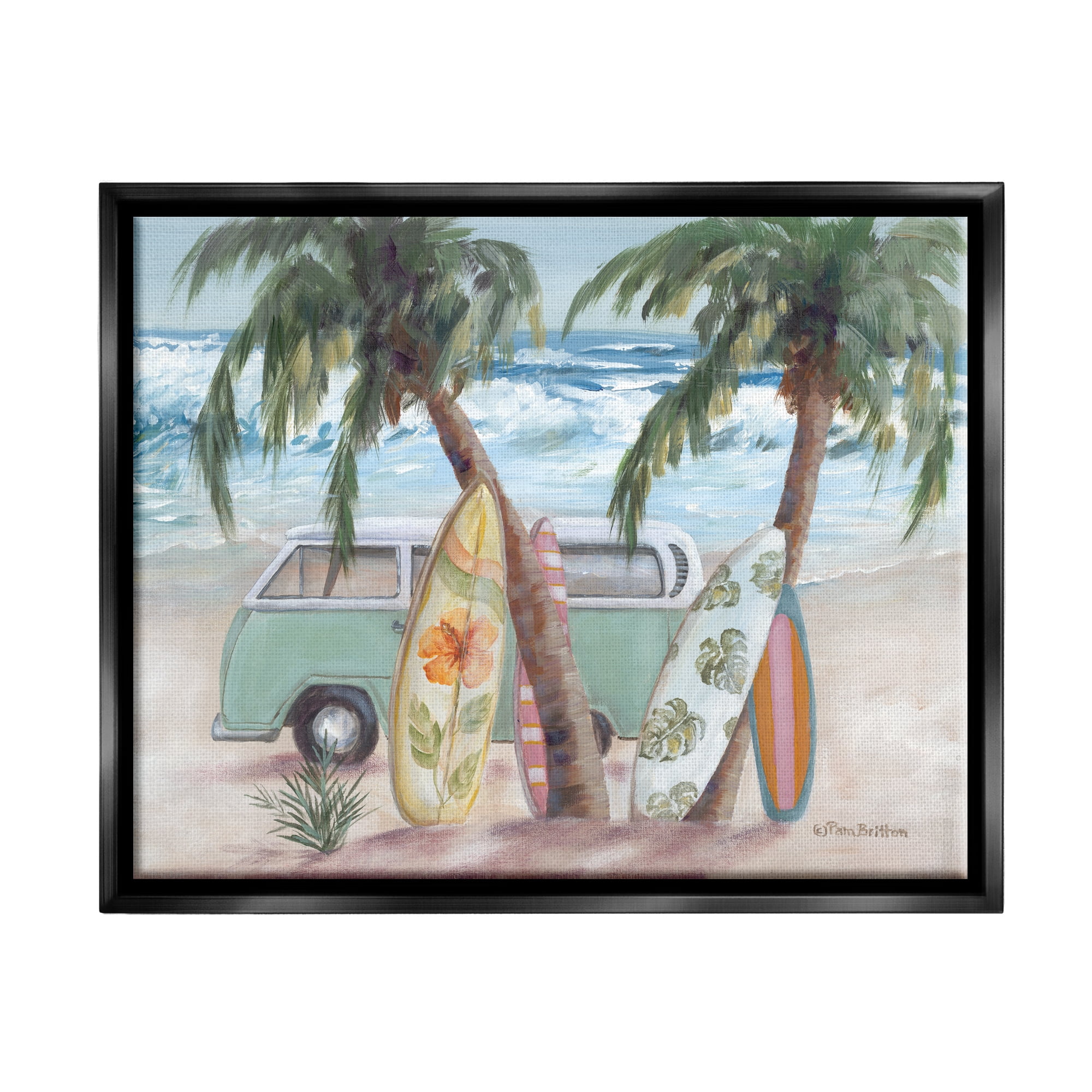 Stupell Summer Waves Tropical Van Surfboards Landscape Painting Black Floater Framed Art Print Wall Art