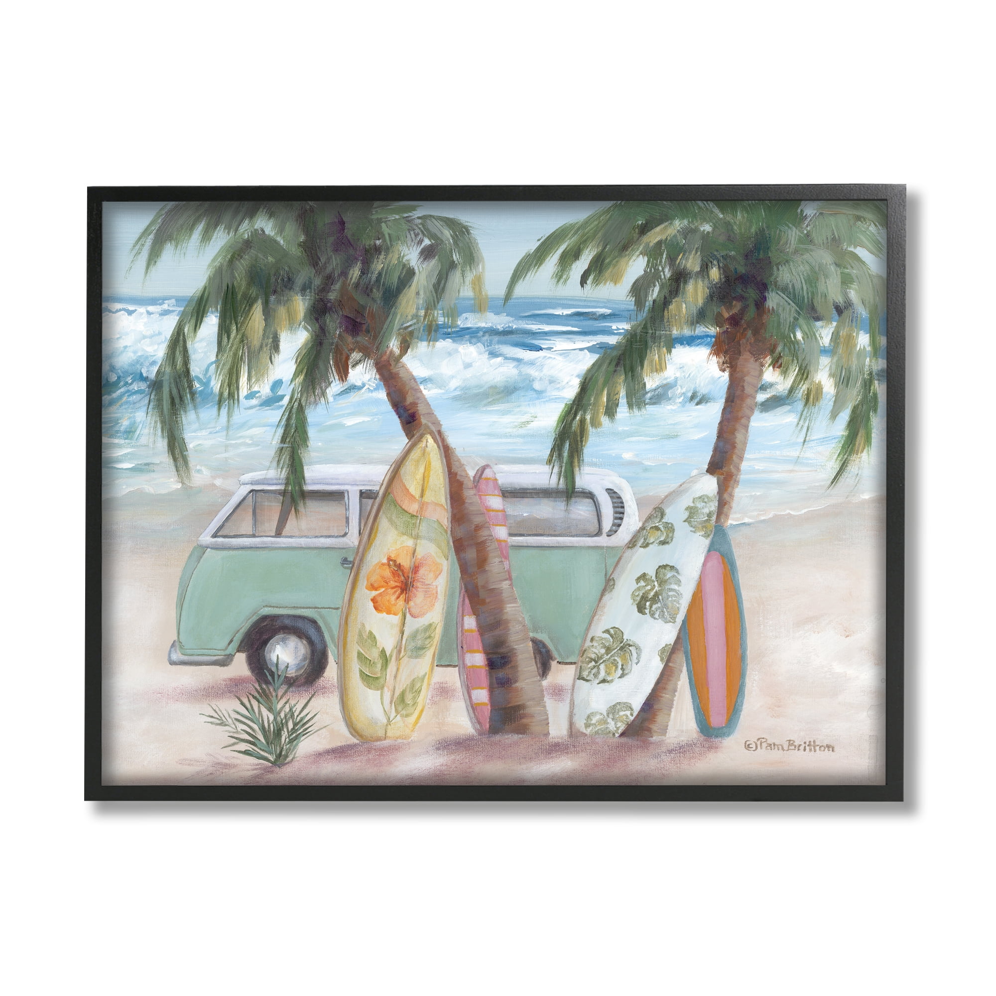 Stupell Summer Waves Tropical Van Surfboards Landscape Painting Black Framed Art Print Wall Art