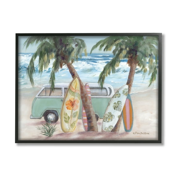 Stupell Summer Waves Tropical Van Surfboards Landscape Painting Black Framed Art Print Wall Art