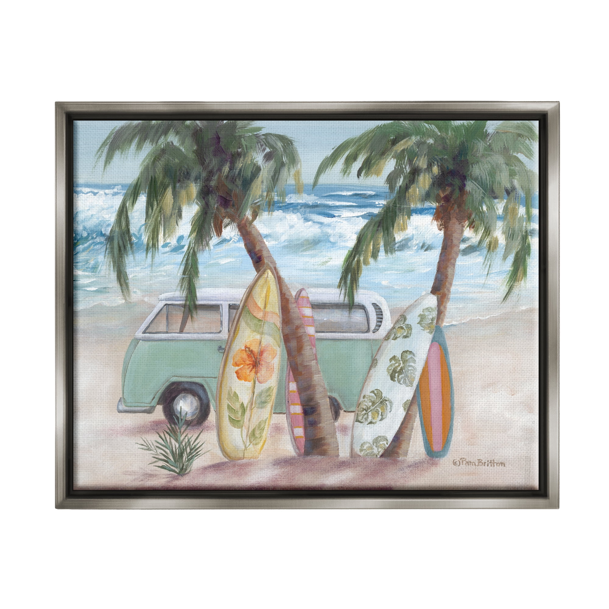 Stupell Summer Waves Tropical Van Surfboards Landscape Painting Gray Floater Framed Art Print Wall Art
