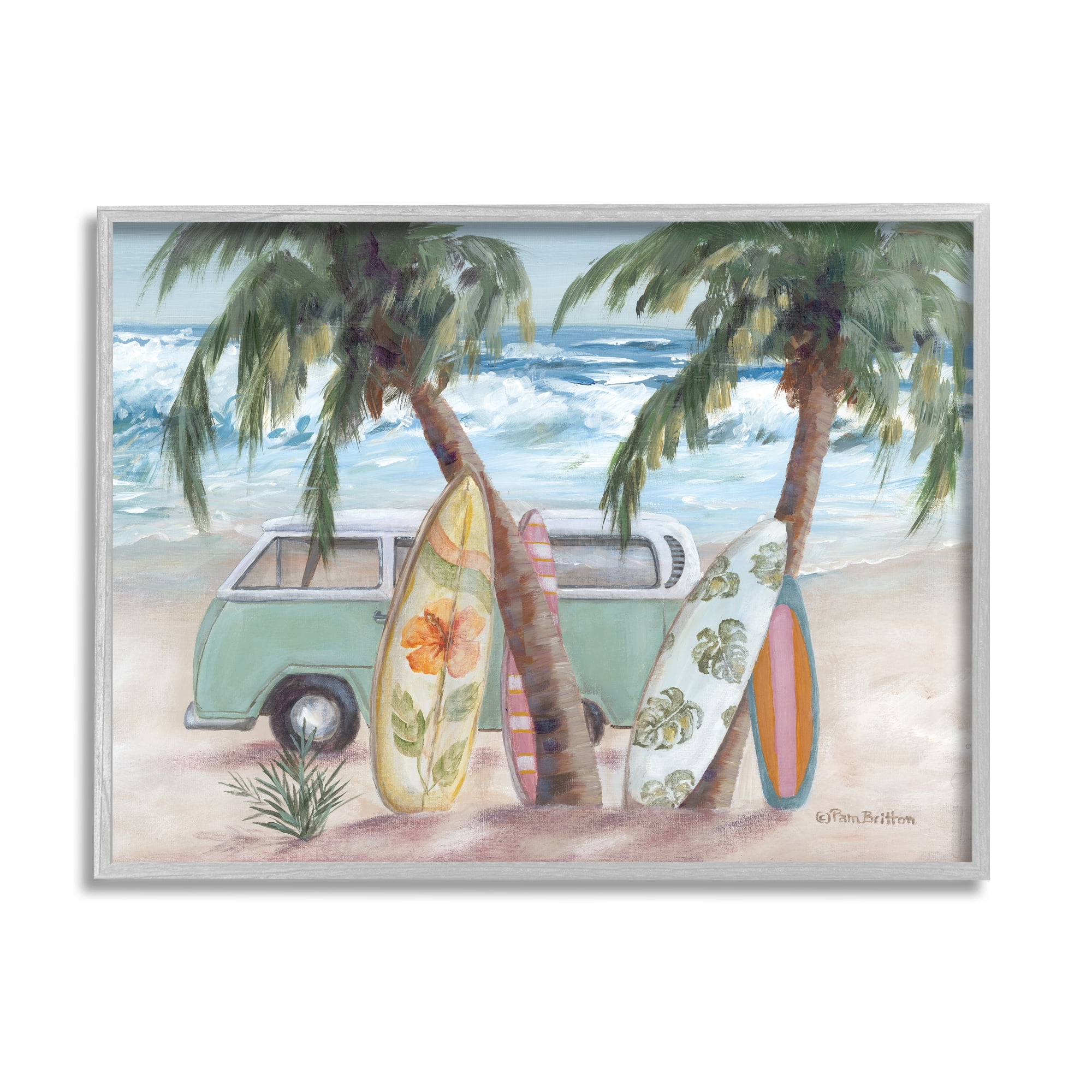 Stupell Summer Waves Tropical Van Surfboards Landscape Painting Gray Framed Art Print Wall Art