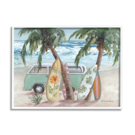 Stupell Summer Waves Tropical Van Surfboards Landscape Painting White Framed Art Print Wall Art