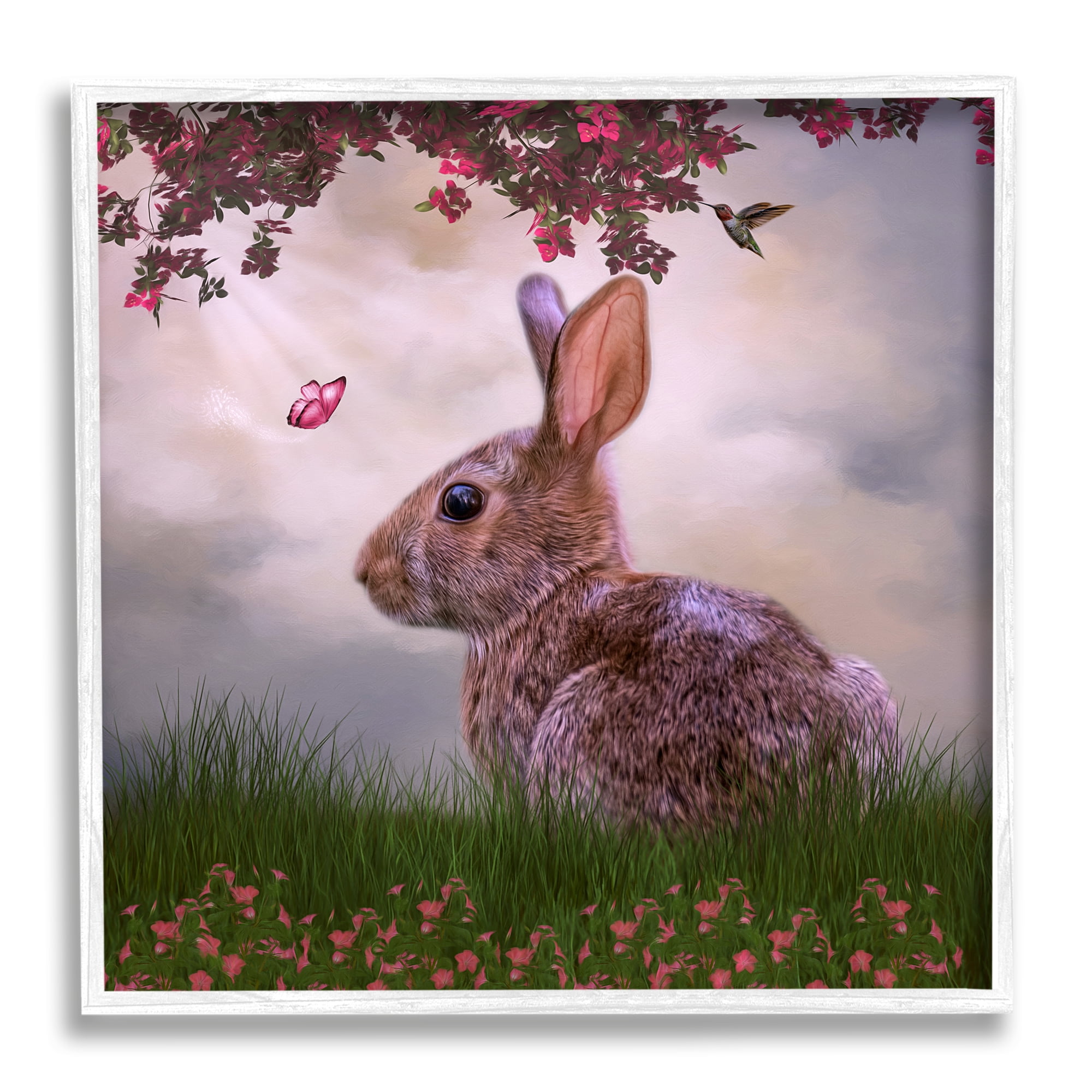 Stupell Summertime Friends Floral Rabbit Butterfly Animals & Insects Photography White Framed Art Print Wall Art