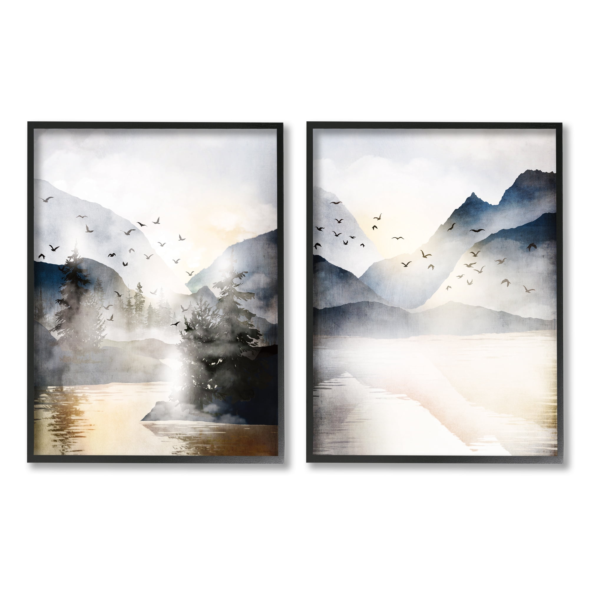 Stupell Sunlit Birds Over Lake Landscape Landscape Painting Black Framed Art Print Wall Art, Set of 2