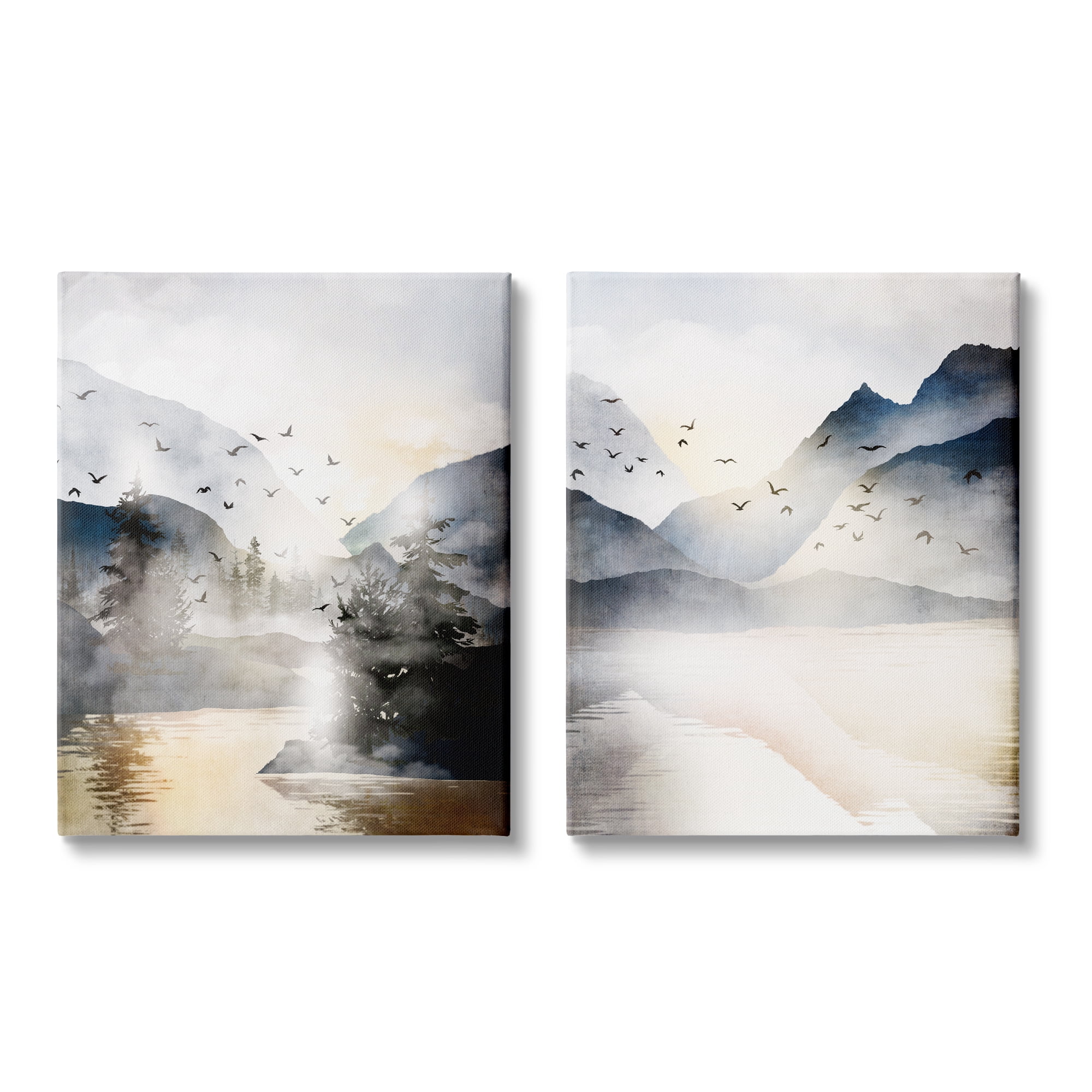 Stupell Sunlit Birds Over Lake Landscape Landscape Painting Gallery Wrapped Canvas Print Wall Art, Set of 2