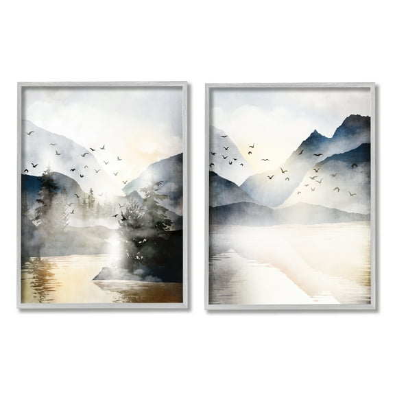 Stupell Sunlit Birds Over Lake Landscape Landscape Painting Gray Framed Art Print Wall Art, Set of 2