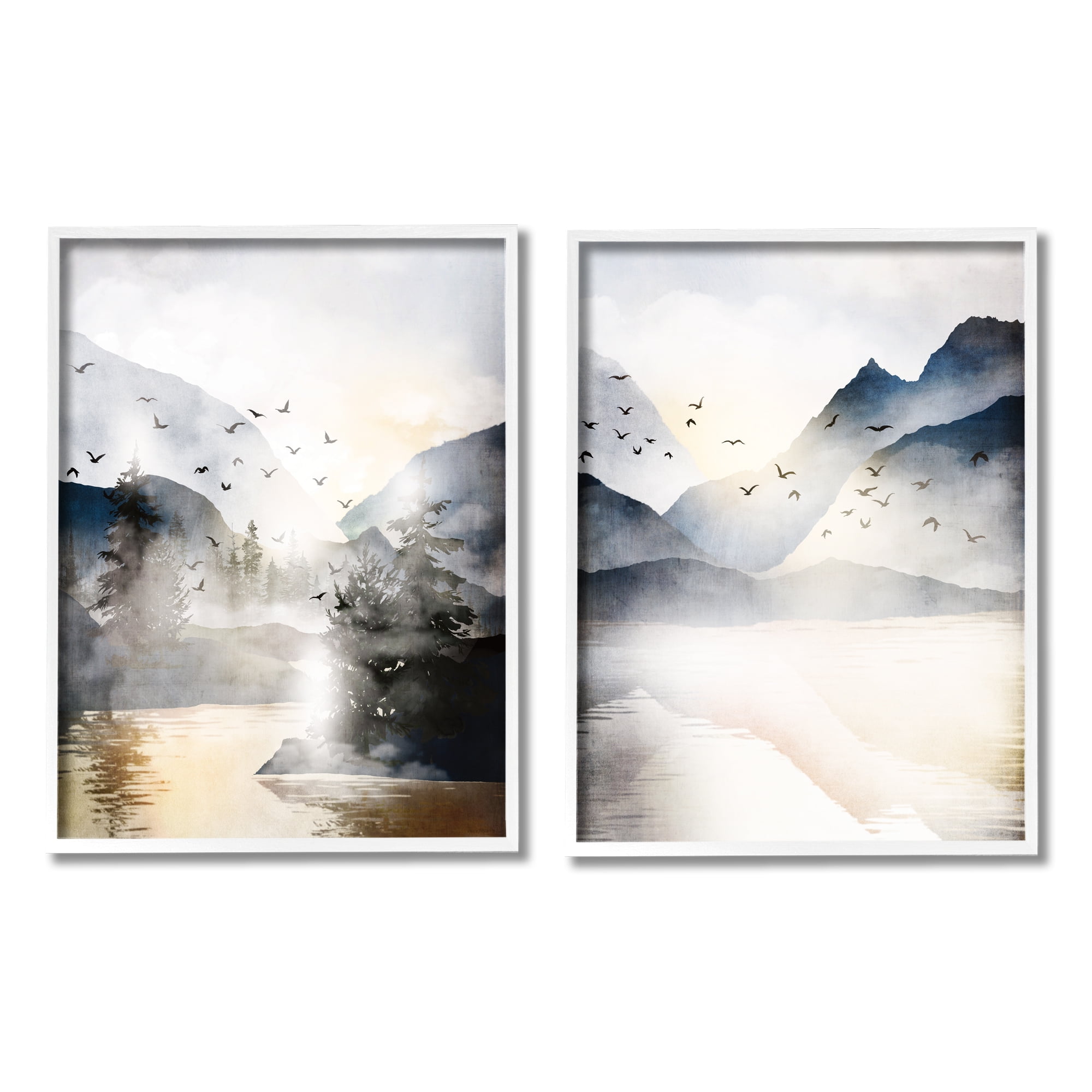 Sunlit Birds Over Lake Landscape Canvas Print Set in White Frame
