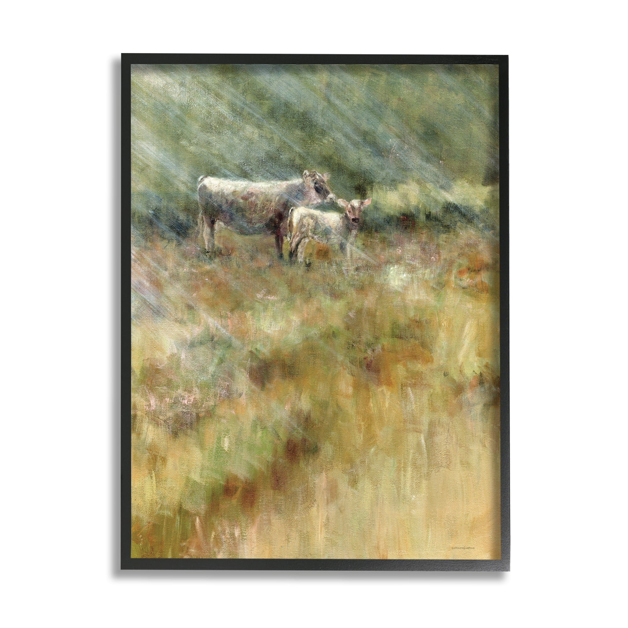 Stupell Sunlit Cattle Grazing Field Landscape Painting Black Framed Art Print Wall Art