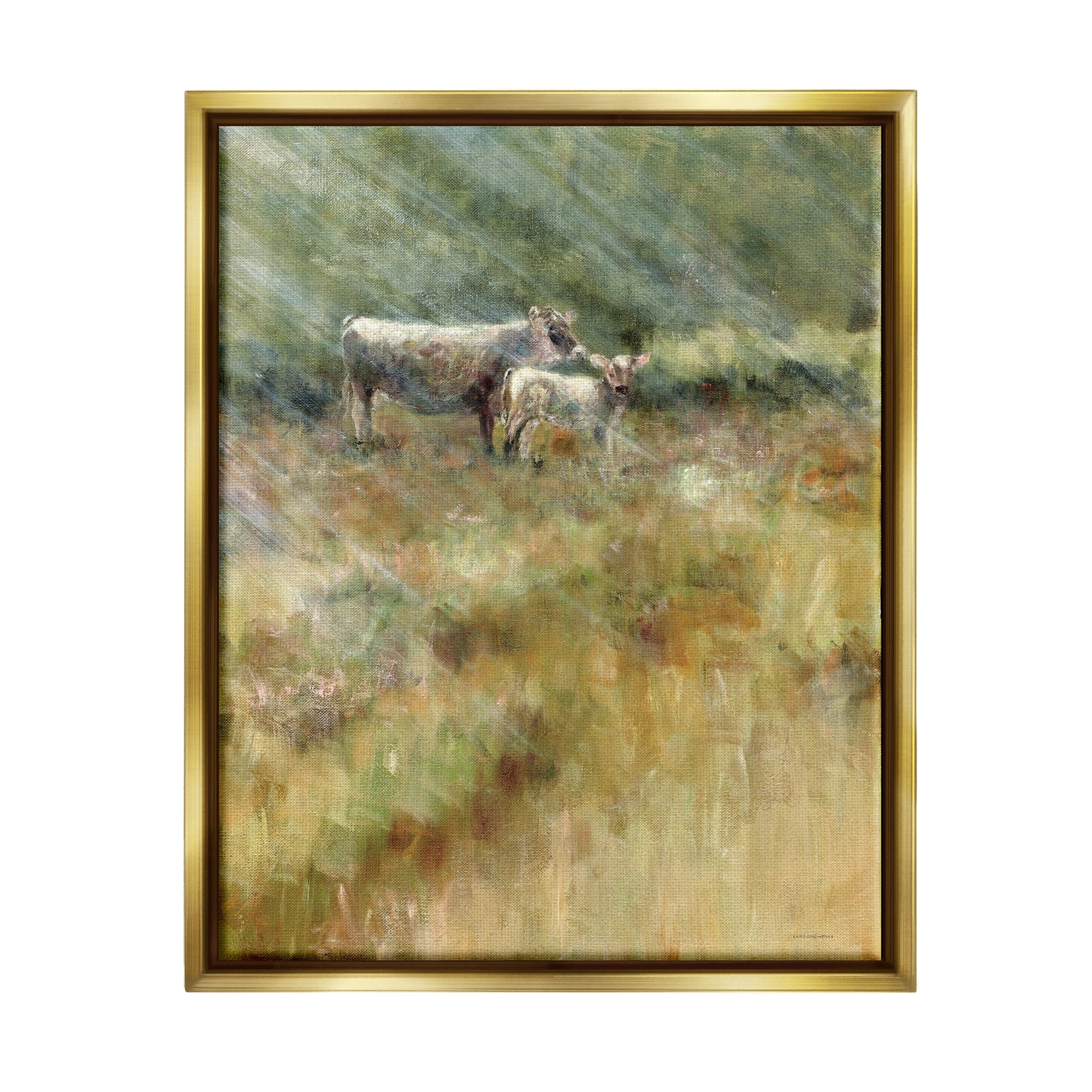 Stupell Sunlit Cattle Grazing Field Landscape Painting Gold Floater Framed Art Print Wall Art