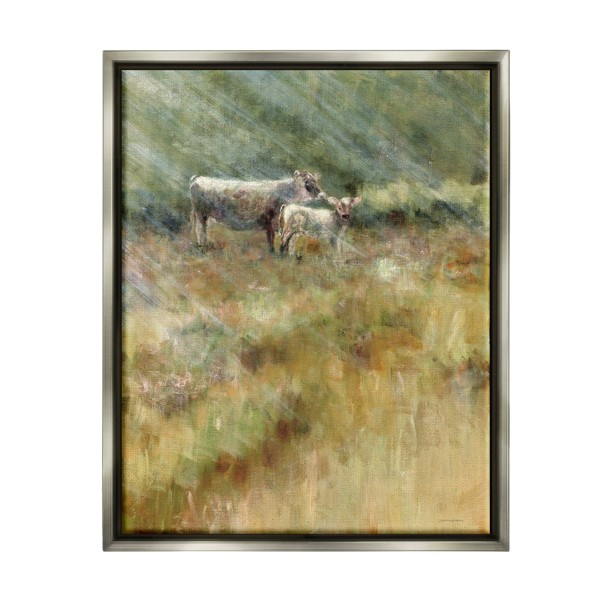 Stupell Sunlit Cattle Grazing Field Landscape Painting Gray Floater Framed Art Print Wall Art