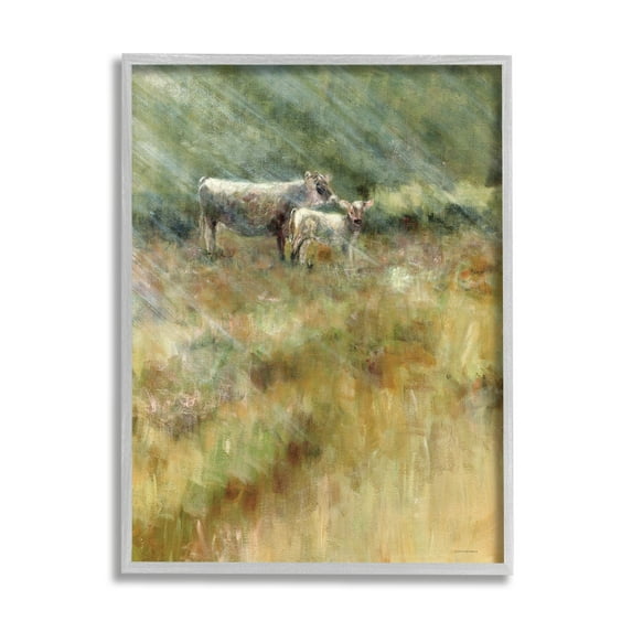 Stupell Sunlit Cattle Grazing Field Landscape Painting Gray Framed Art Print Wall Art