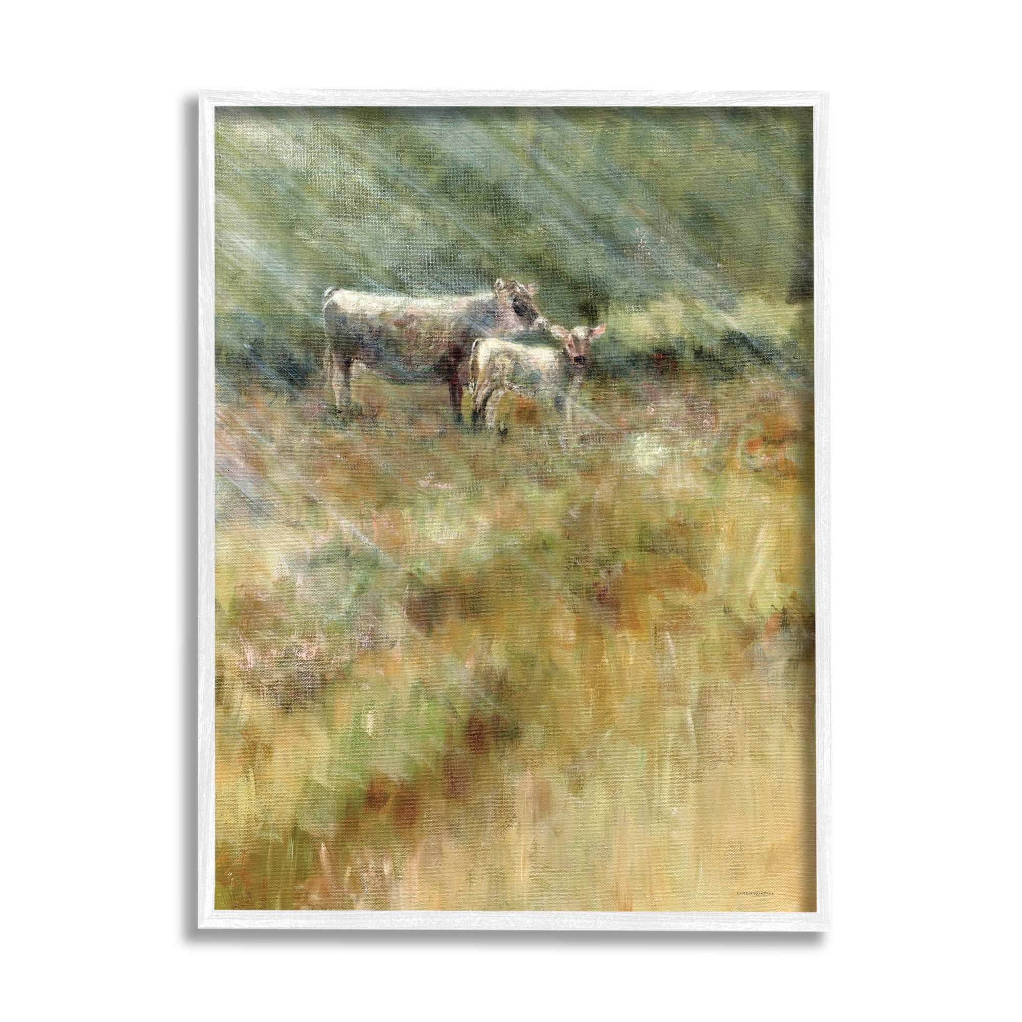 Stupell Sunlit Cattle Grazing Field Landscape Painting White Framed Art Print Wall Art