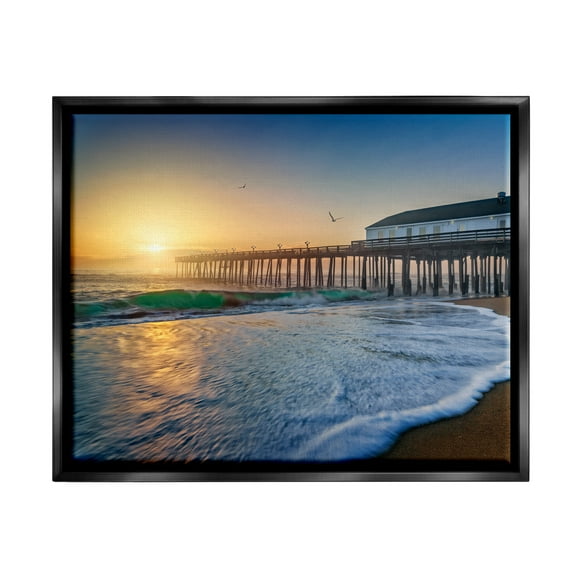 Stupell Sunlit Coastal Pier Ocean Foam Landscape Photography Black Floater Framed Art Print Wall Art