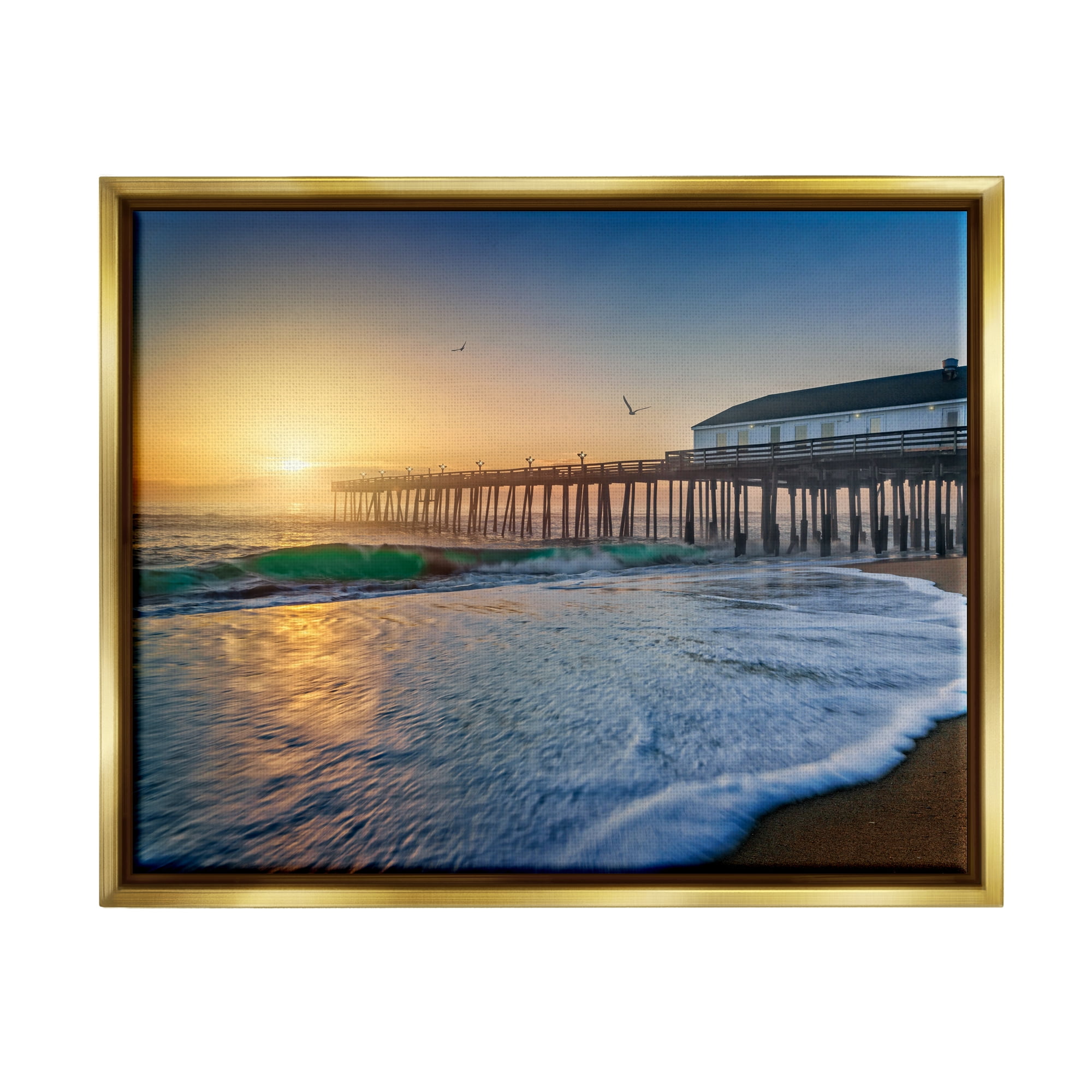 Stupell Sunlit Coastal Pier Ocean Foam Landscape Photography Gold Floater Framed Art Print Wall Art