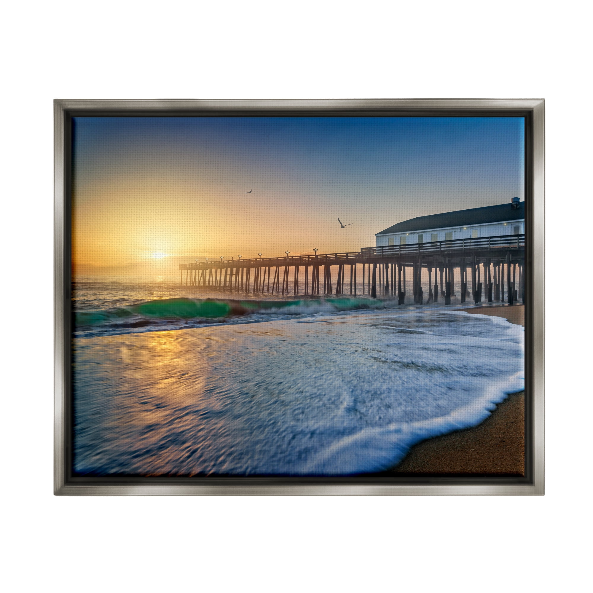 Stupell Sunlit Coastal Pier Ocean Foam Landscape Photography Gray Floater Framed Art Print Wall Art