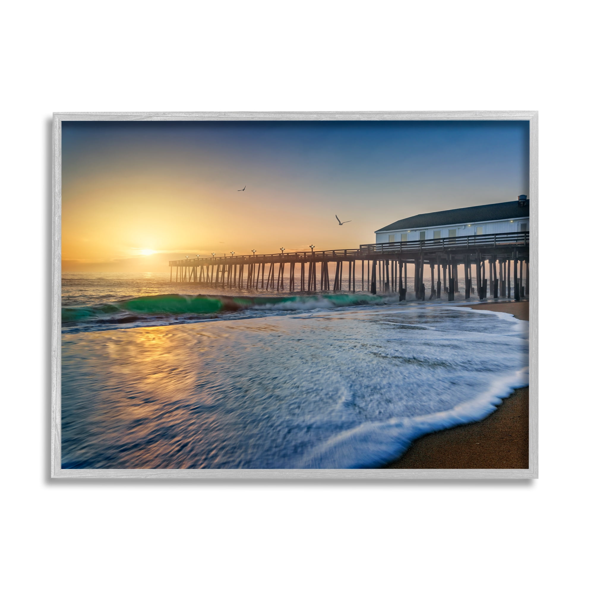 Stupell Sunlit Coastal Pier Ocean Foam Landscape Photography Gray Framed Art Print Wall Art
