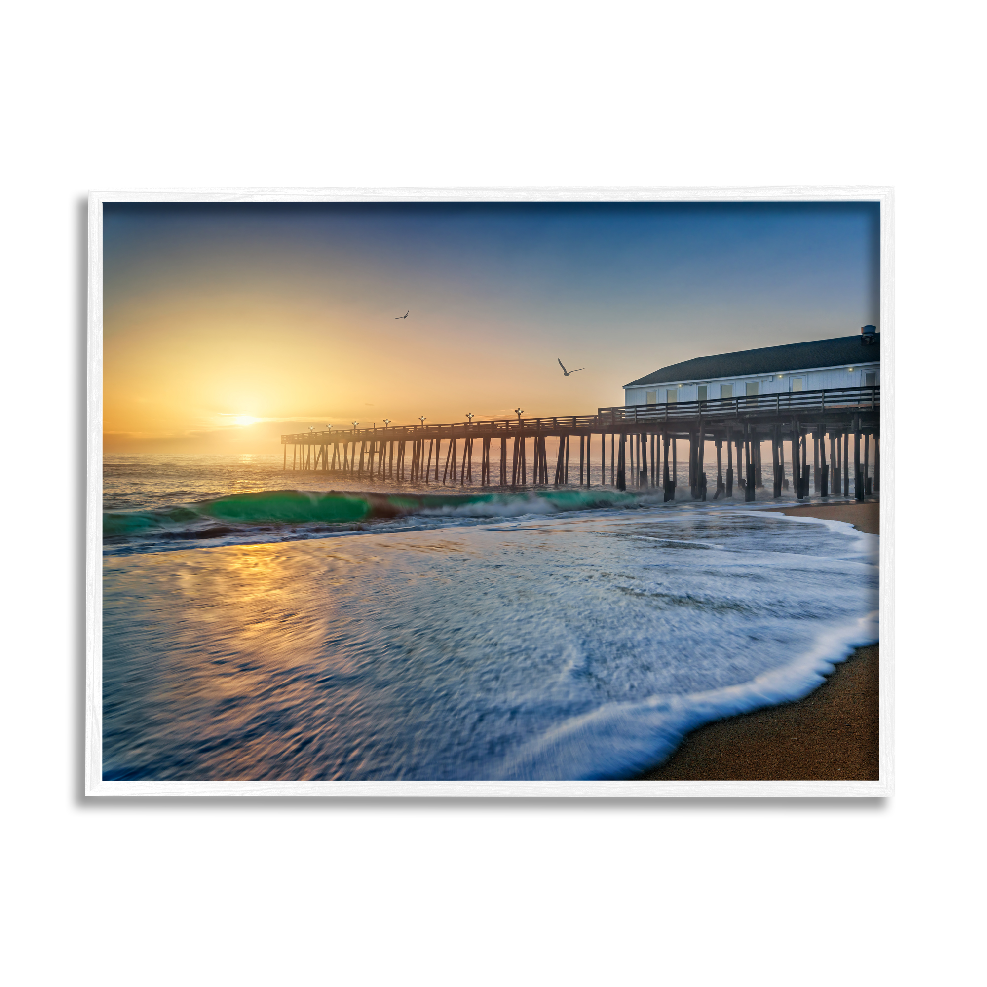 Stupell Sunlit Coastal Pier Ocean Foam Landscape Photography White Framed Art Print Wall Art