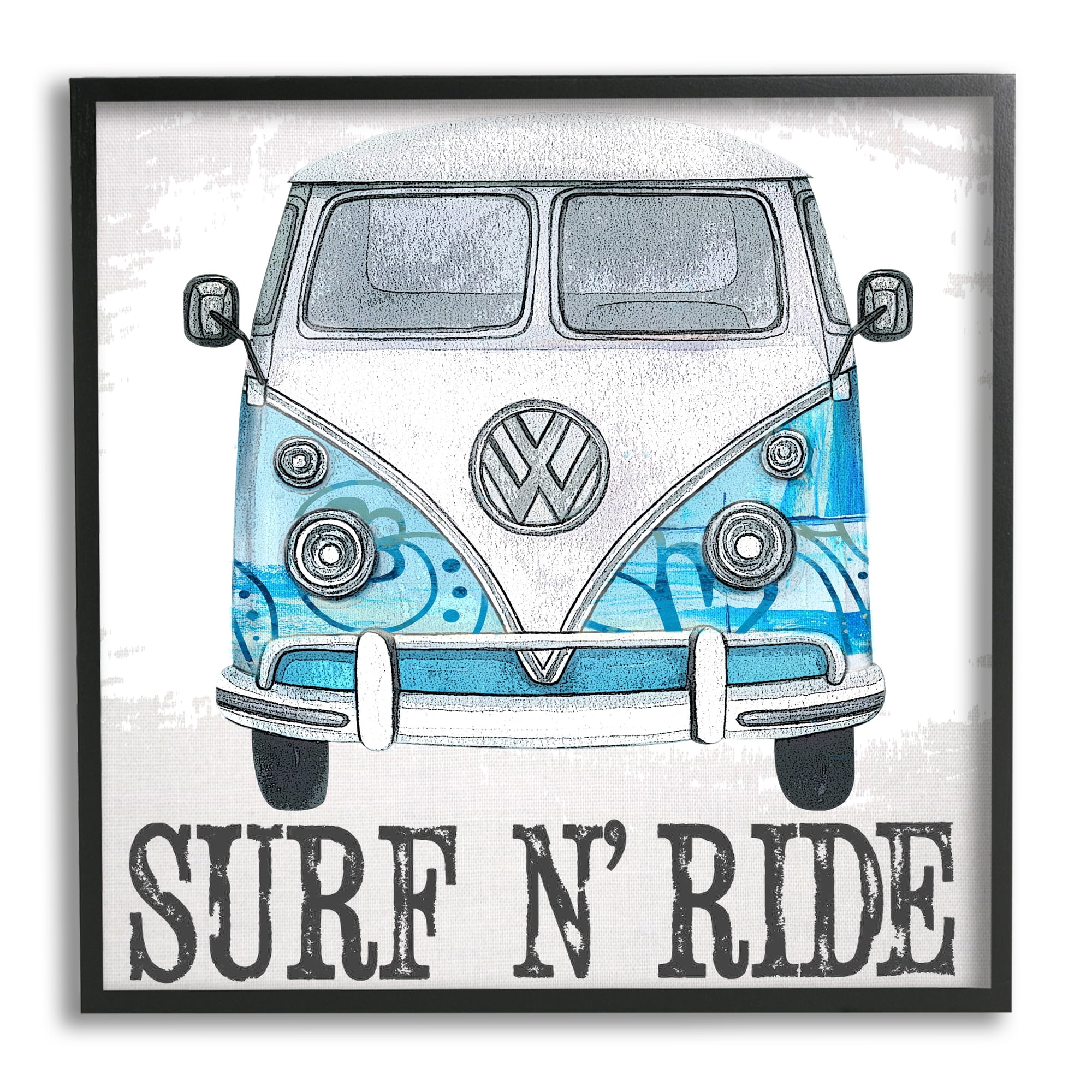 Stupell Surf N Ride Blue Retro Summer Bus Landscape Painting Black Framed Art Print Wall Art