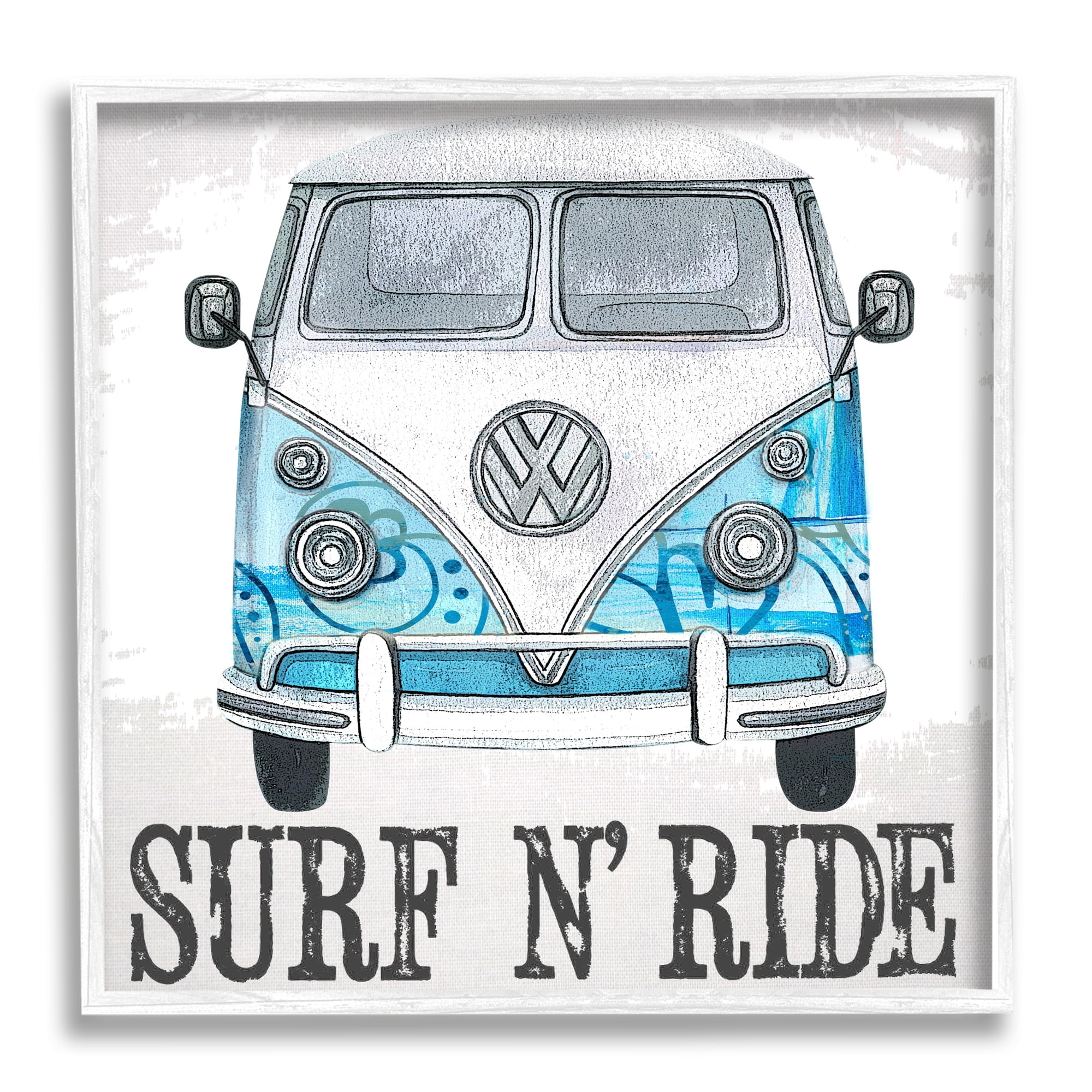 Stupell Surf N Ride Blue Retro Summer Bus Landscape Painting White Framed Art Print Wall Art