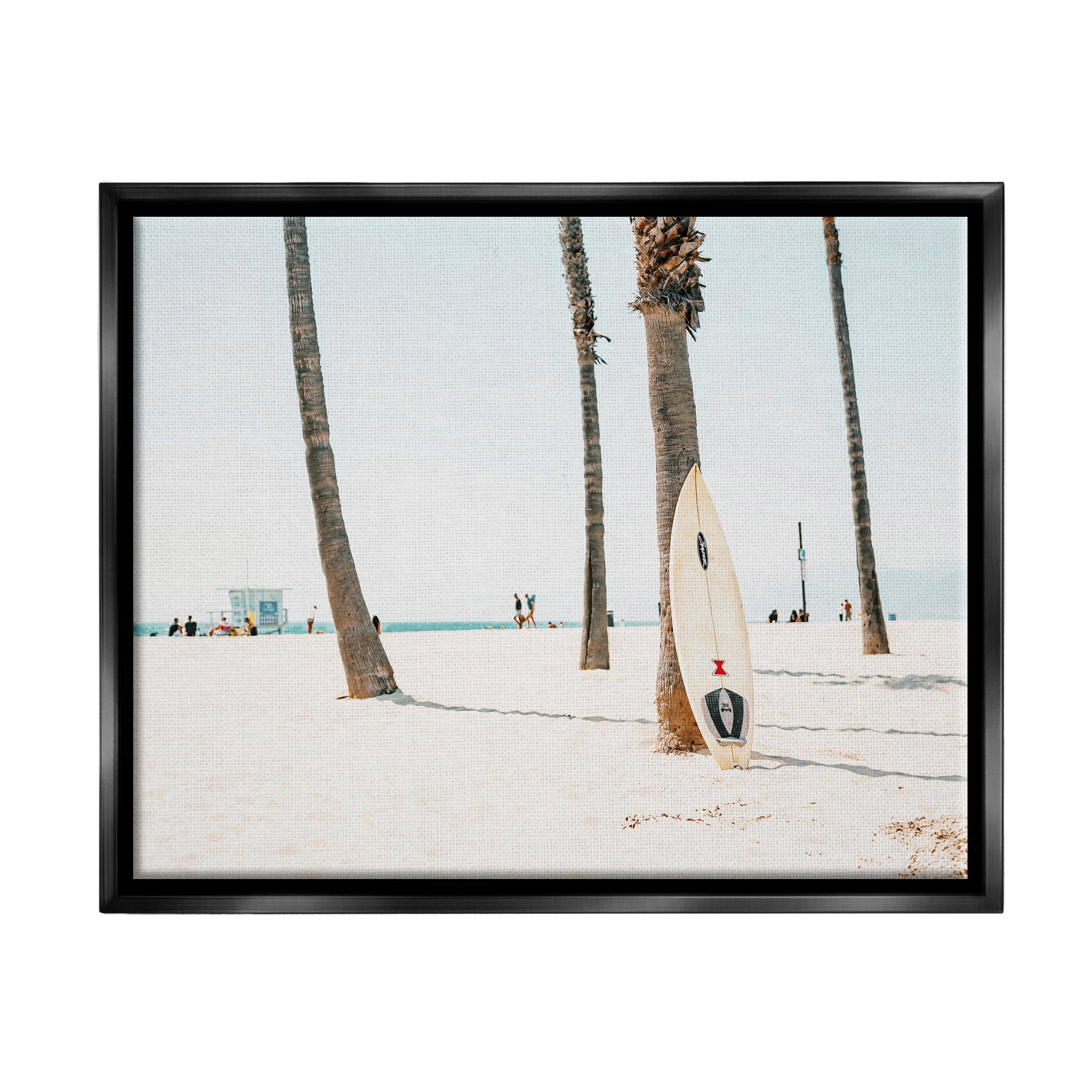 Stupell Surfboard Leaning Tropical Palm Trees Landscape Photography Black Floater Framed Art Print Wall Art