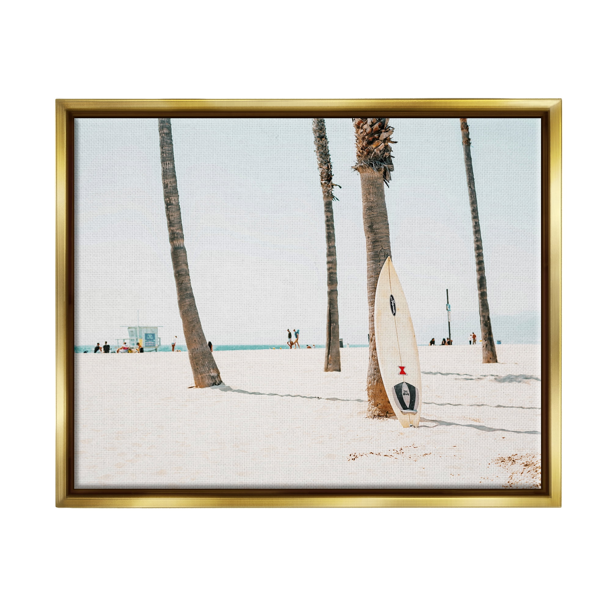 Stupell Surfboard Leaning Tropical Palm Trees Landscape Photography Gold Floater Framed Art Print Wall Art