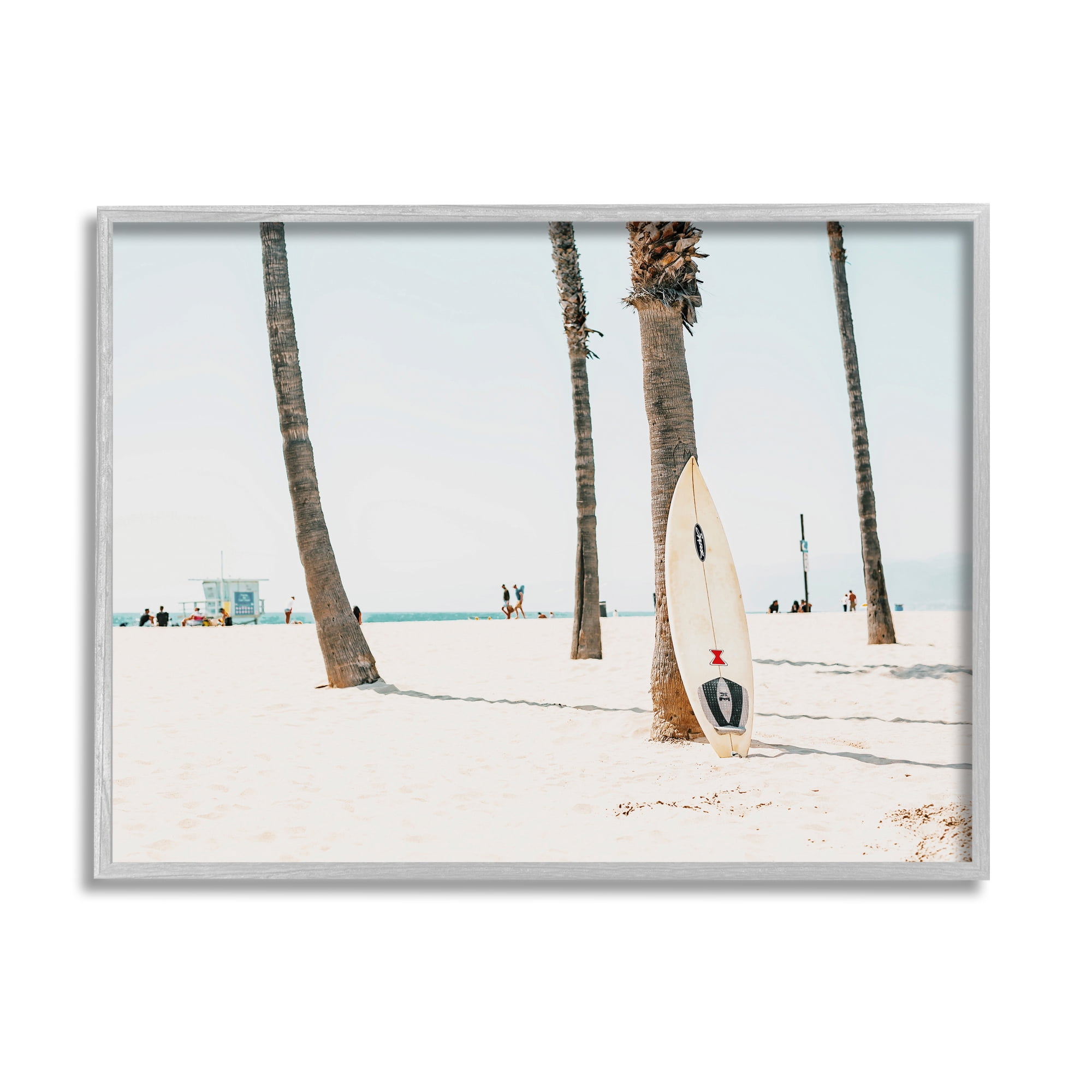 Stupell Surfboard Leaning Tropical Palm Trees Landscape Photography Gray Framed Art Print Wall Art