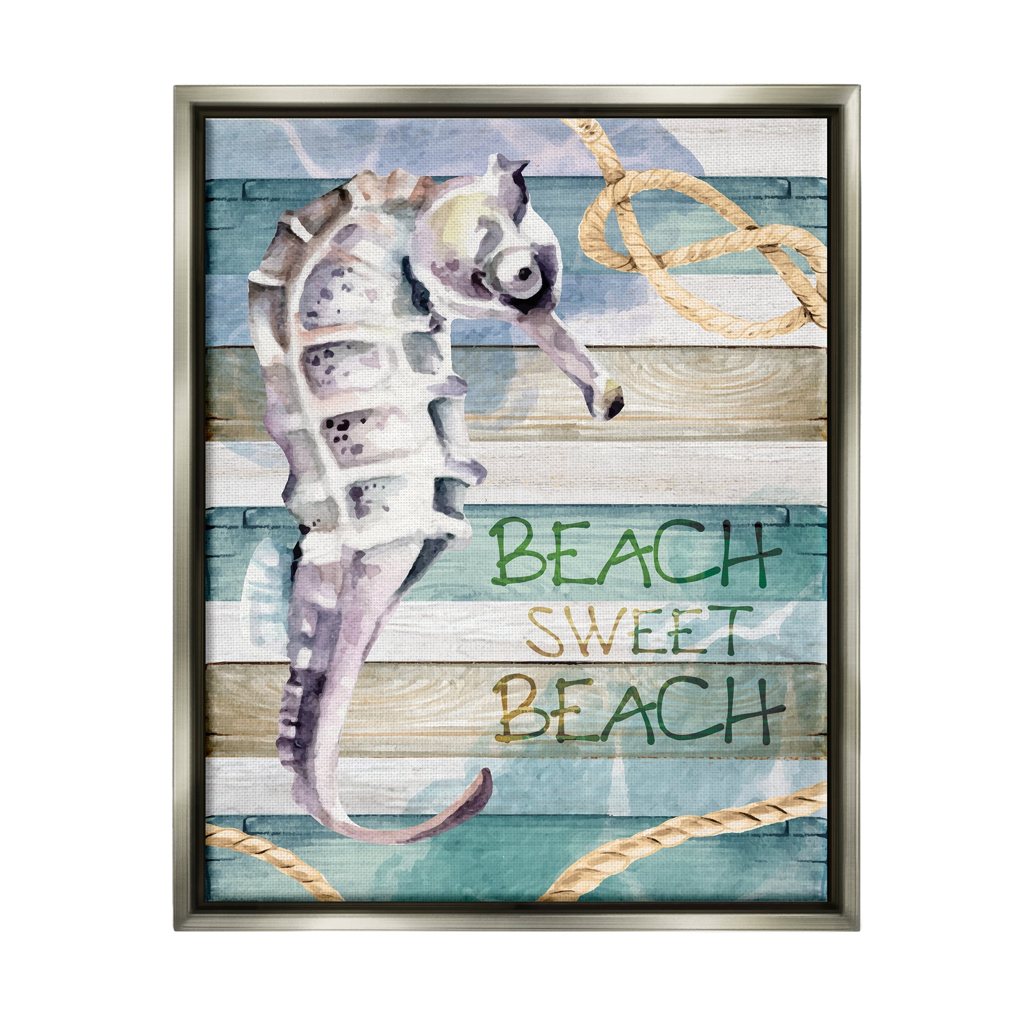 Stupell Sweet Beach Seahorse Nautical Rope Landscape Painting Gray Floater Framed Art Print Wall Art