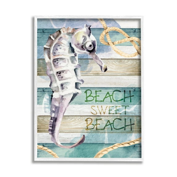 Stupell Sweet Beach Seahorse Nautical Rope Landscape Painting White Framed Art Print Wall Art