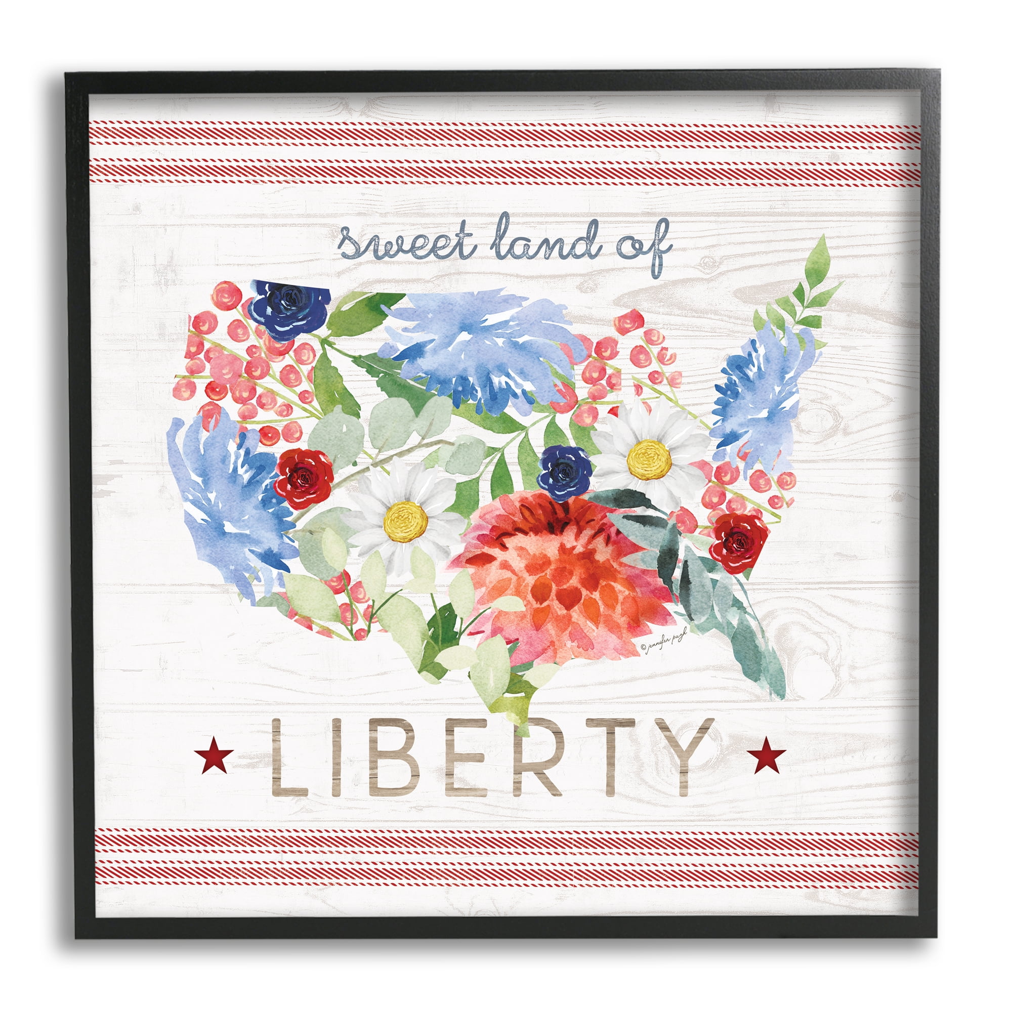 Stupell Sweet Land Of Liberty Floral USA Holiday Painting Black Framed Art Print Wall Art