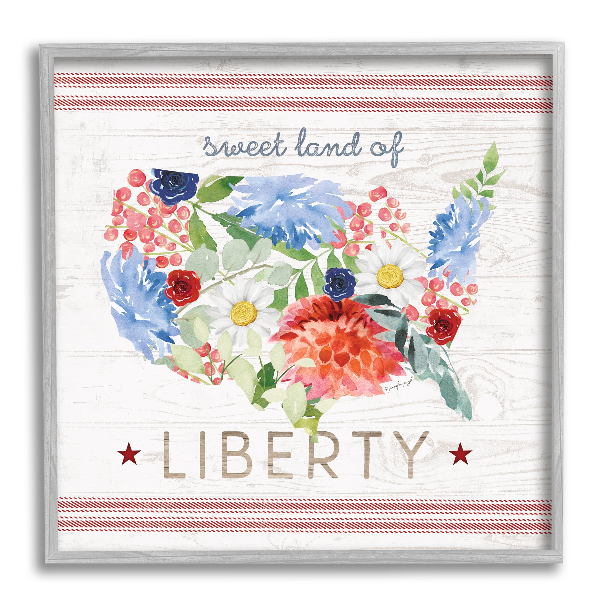 Stupell Sweet Land Of Liberty Floral USA Holiday Painting Gray Framed Art Print Wall Art