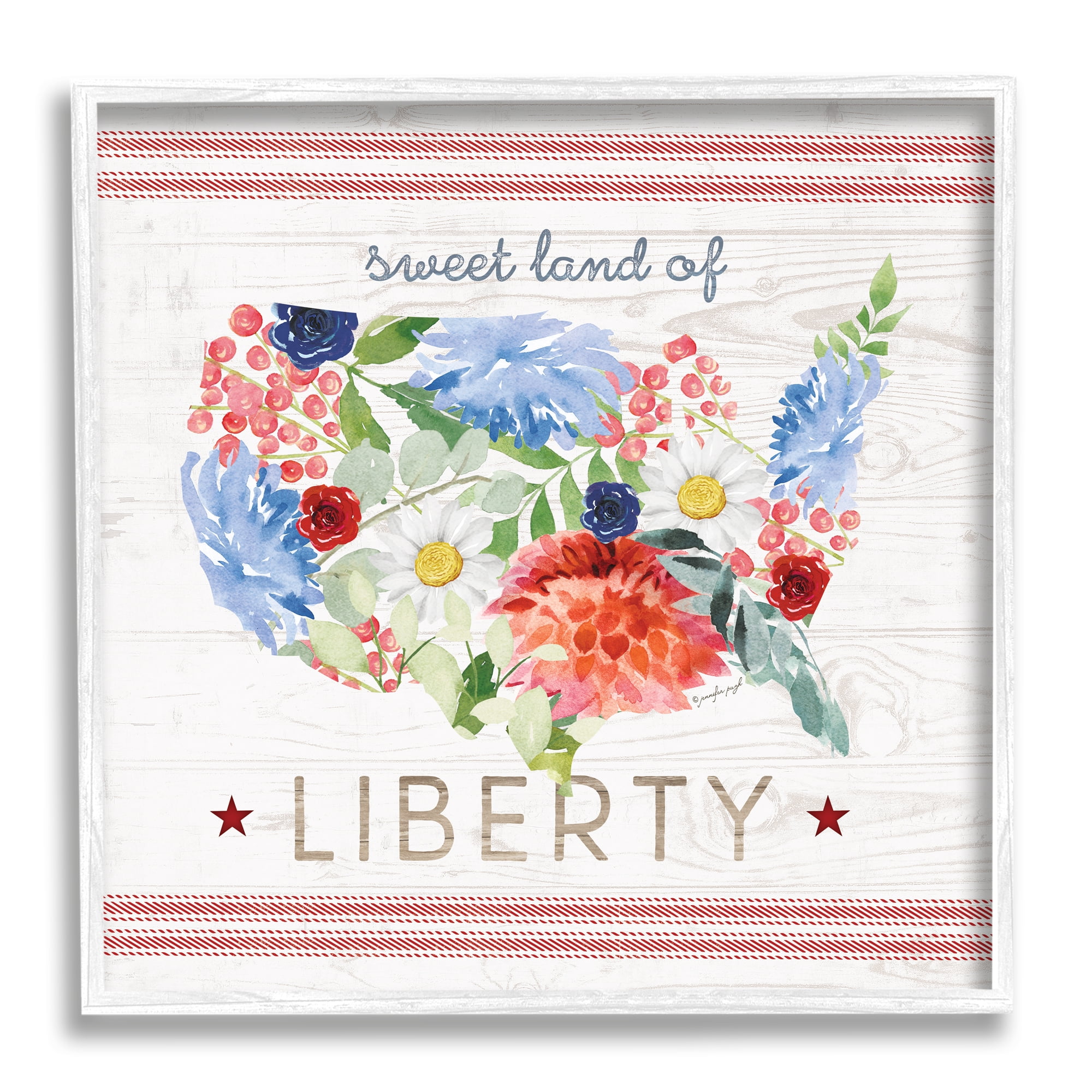 Stupell Sweet Land Of Liberty Floral USA Holiday Painting White Framed Art Print Wall Art