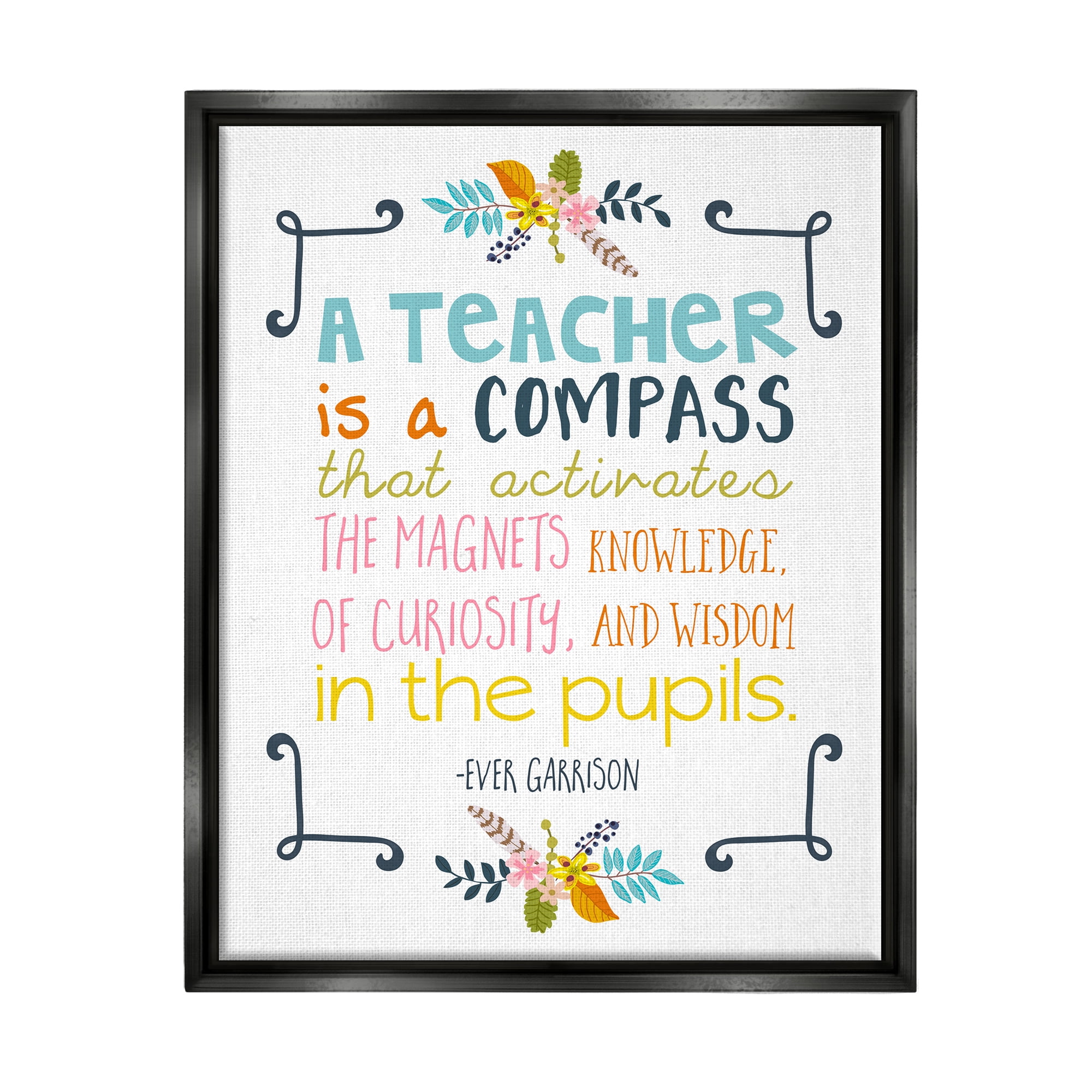 Stupell Teacher Is A Compass Inspiring Phrase Botanical & Floral Painting Black Floater Framed Art Print Wall Art