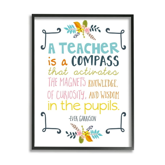 Stupell Teacher Is A Compass Inspiring Phrase Botanical & Floral Painting Black Framed Art Print Wall Art