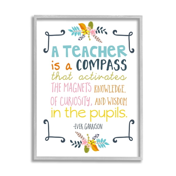 Stupell Teacher Is A Compass Inspiring Phrase Botanical & Floral Painting Gray Framed Art Print Wall Art