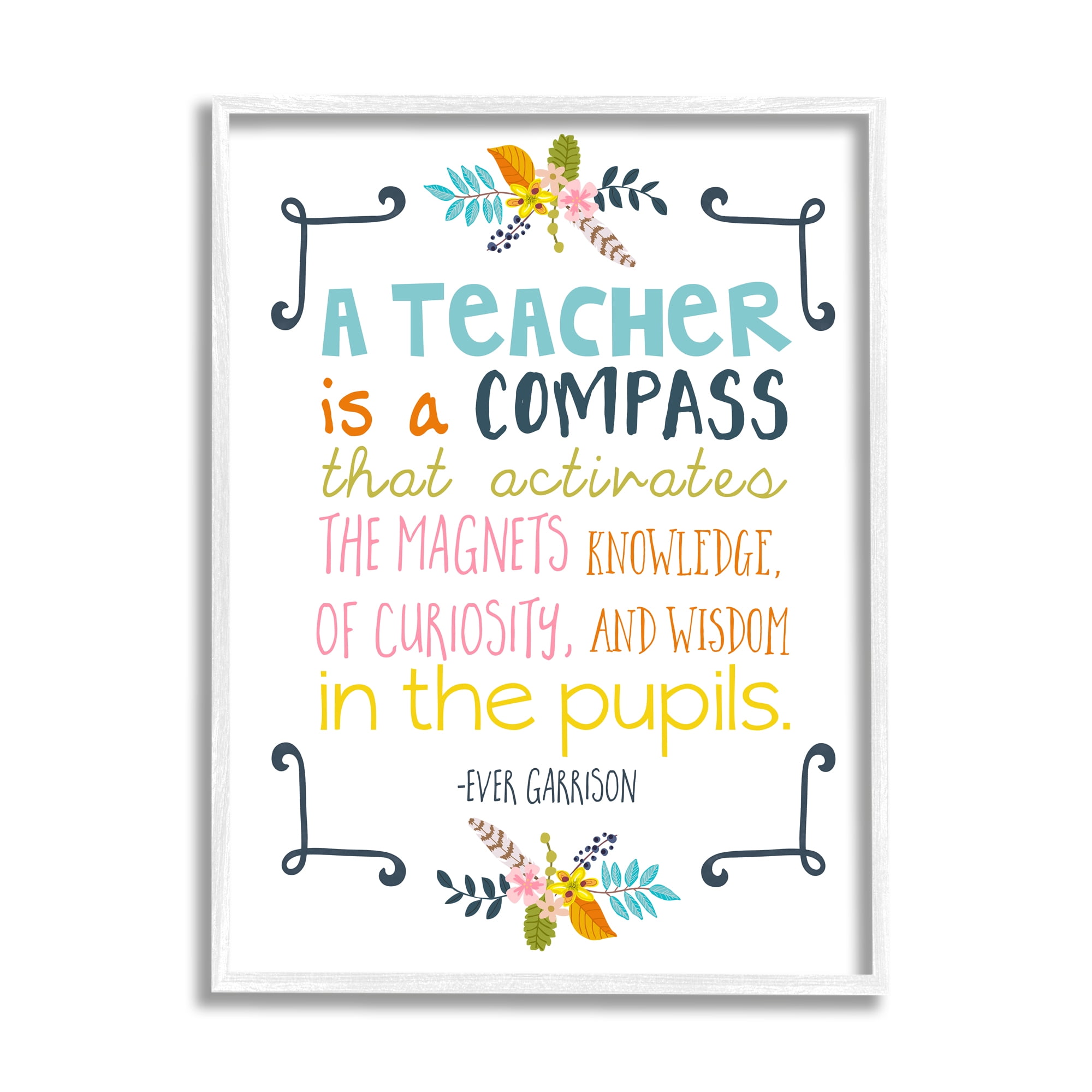 Stupell Teacher Is A Compass Inspiring Phrase Botanical & Floral Painting White Framed Art Print Wall Art