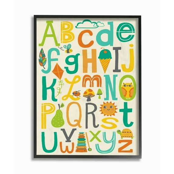 Stupell Teal Orange and Green Alphabet Animals And Fun Food Framed Wall Art, 16 x 20