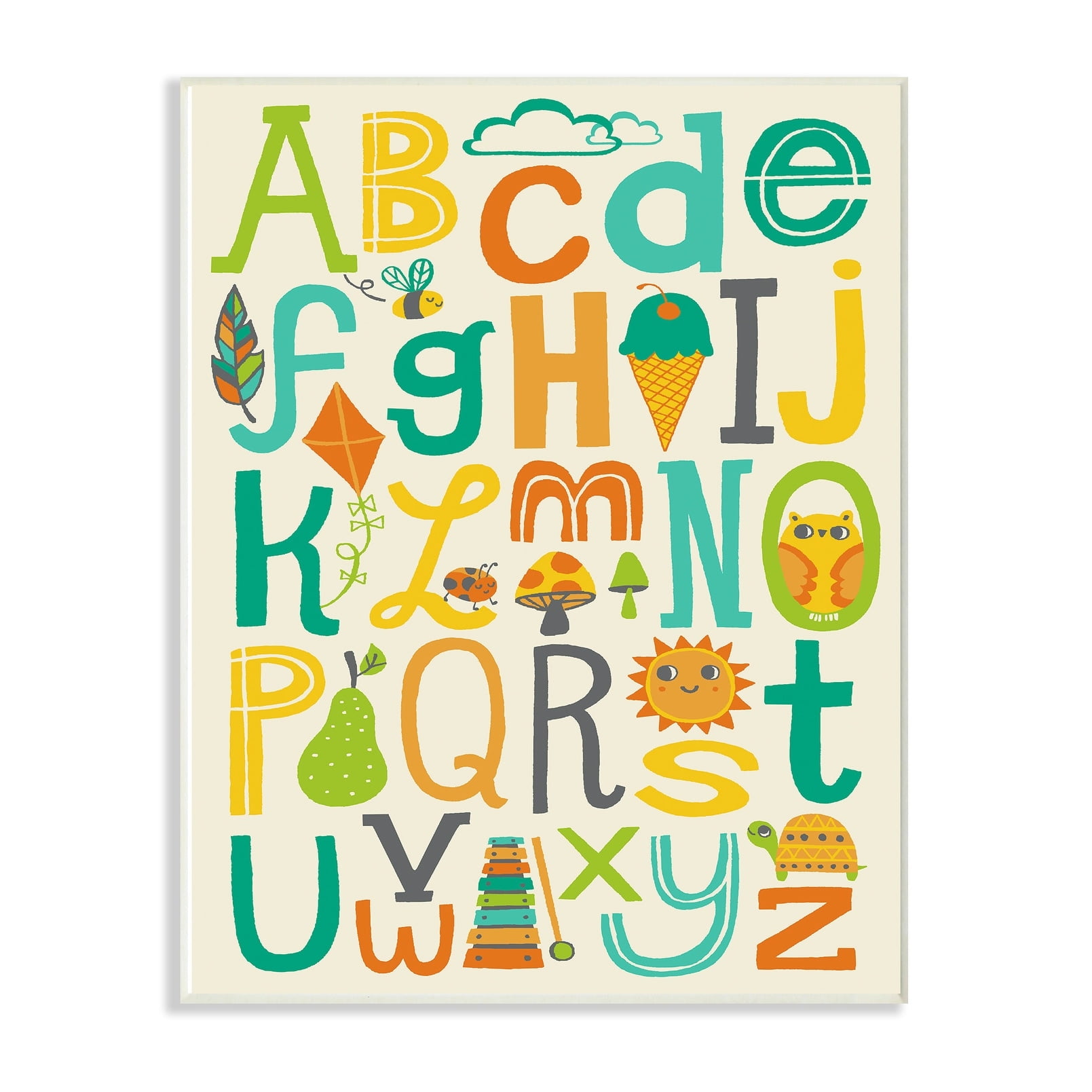 Stupell  Teal Orange and Green Alphabet Animals And Fun Food Wood Wall Art, 10x15, Proudly Made in USA - Multi-color 13 x 19