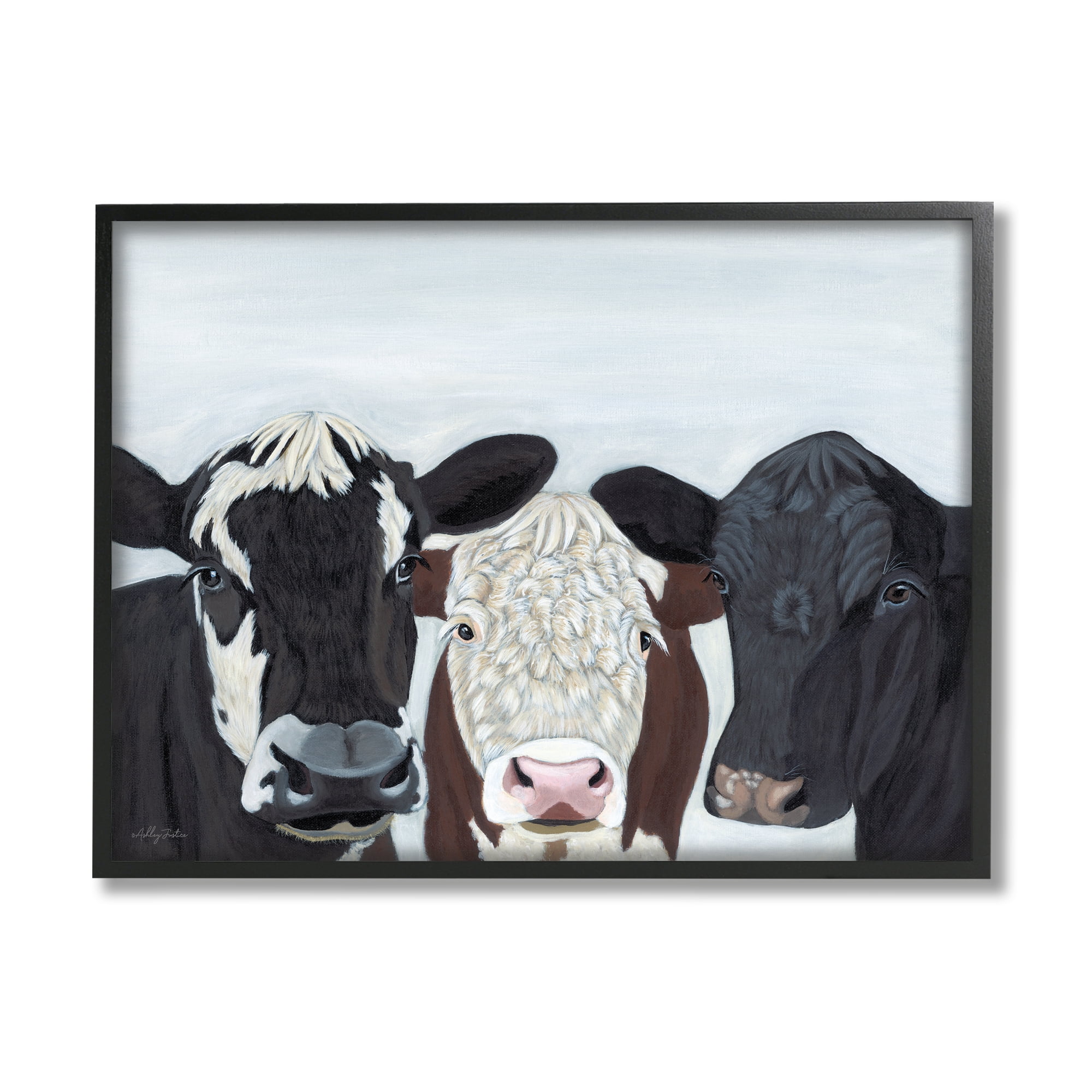 Stupell Three Cows Fun Farmhouse Portrait Animals & Insects Painting Black Framed Art Print Wall Art