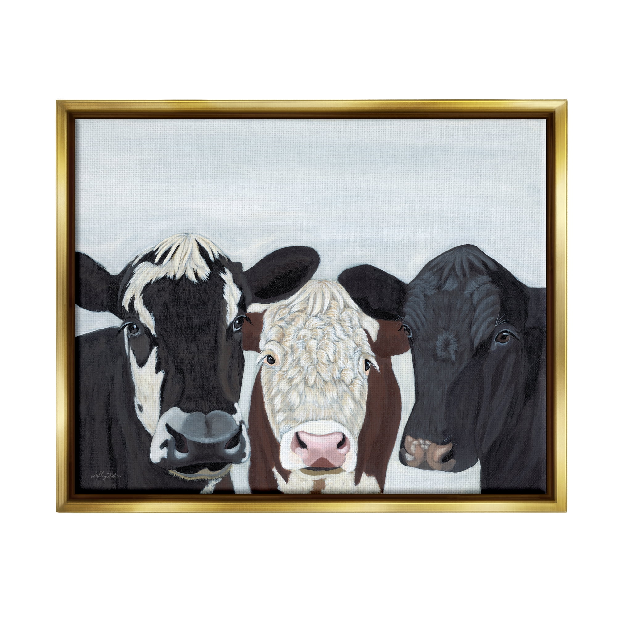 Stupell Three Cows Fun Farmhouse Portrait Animals & Insects Painting Gold Floater Framed Art Print Wall Art