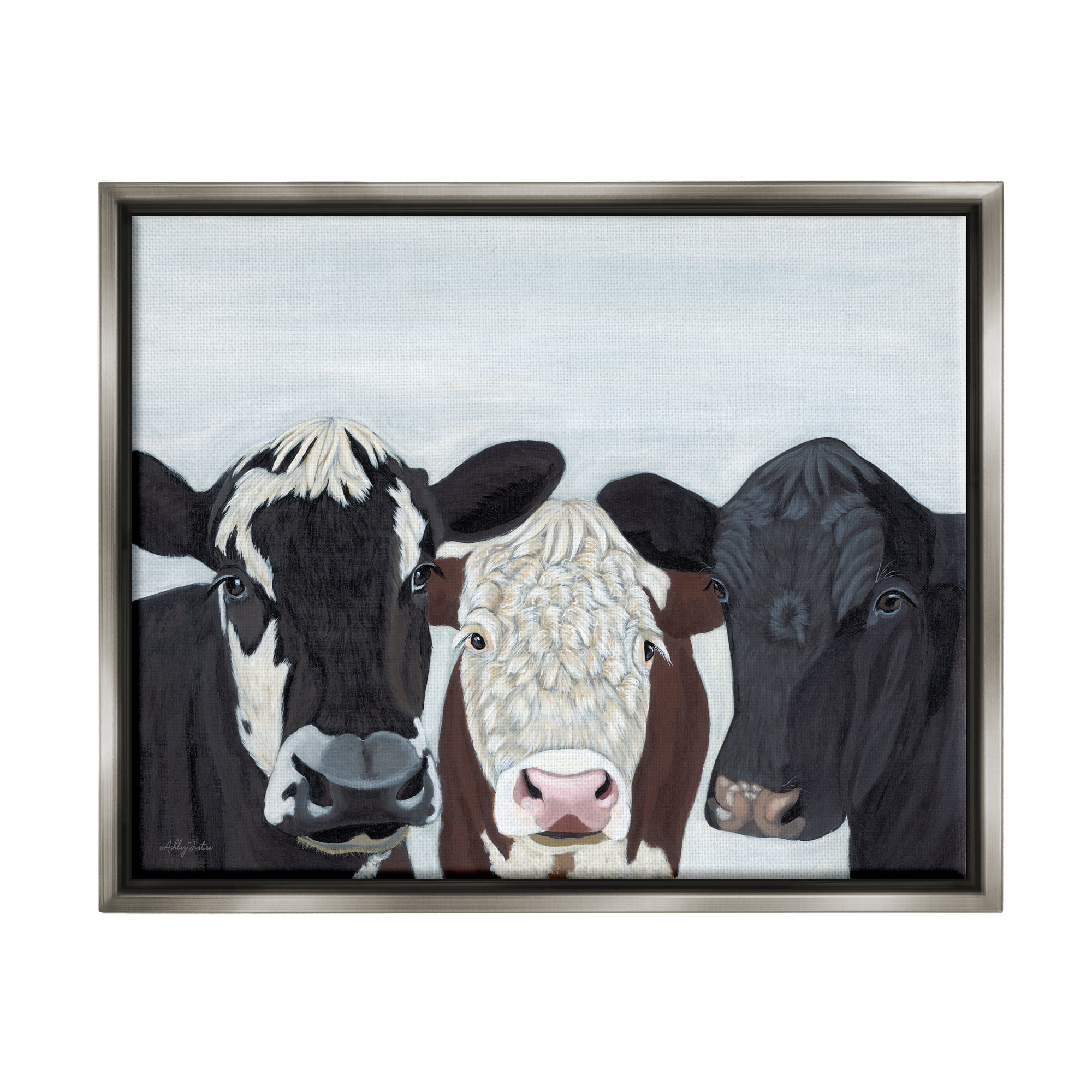 Stupell Three Cows Fun Farmhouse Portrait Animals & Insects Painting Gray Floater Framed Art Print Wall Art