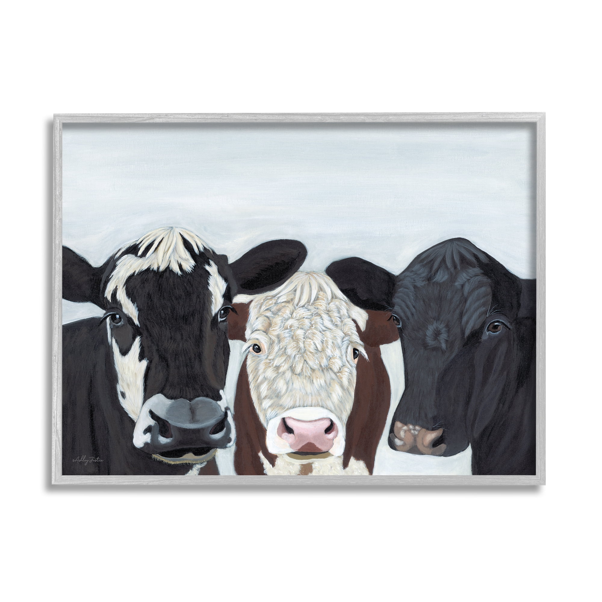 Stupell Three Cows Fun Farmhouse Portrait Animals & Insects Painting Gray Framed Art Print Wall Art