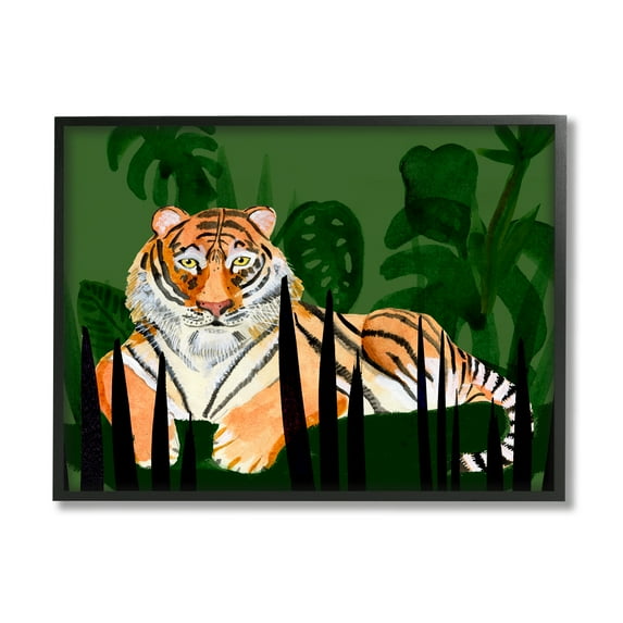 Stupell Tiger Tropical Plants Nature Animals & Insects Painting Black Framed Art Print Wall Art