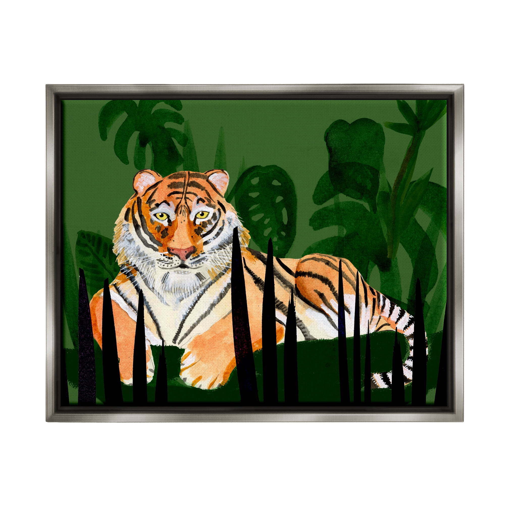 Stupell Tiger Tropical Plants Nature Animals & Insects Painting Gray Floater Framed Art Print Wall Art