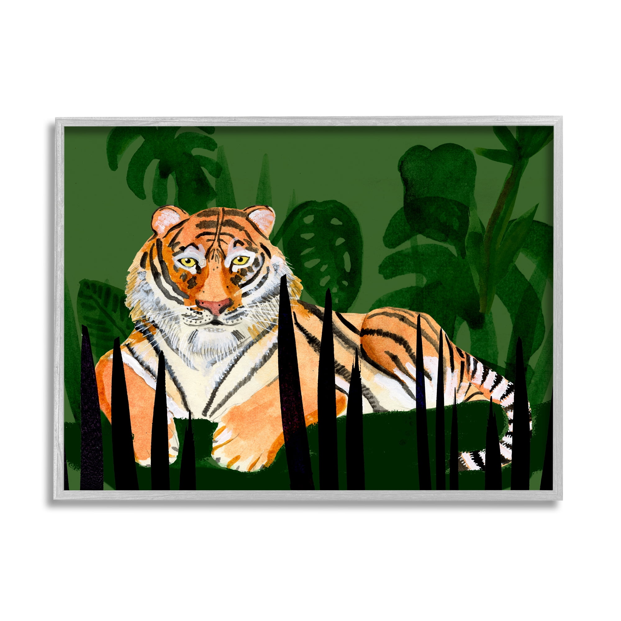 Stupell Tiger Tropical Plants Nature Animals & Insects Painting Gray Framed Art Print Wall Art