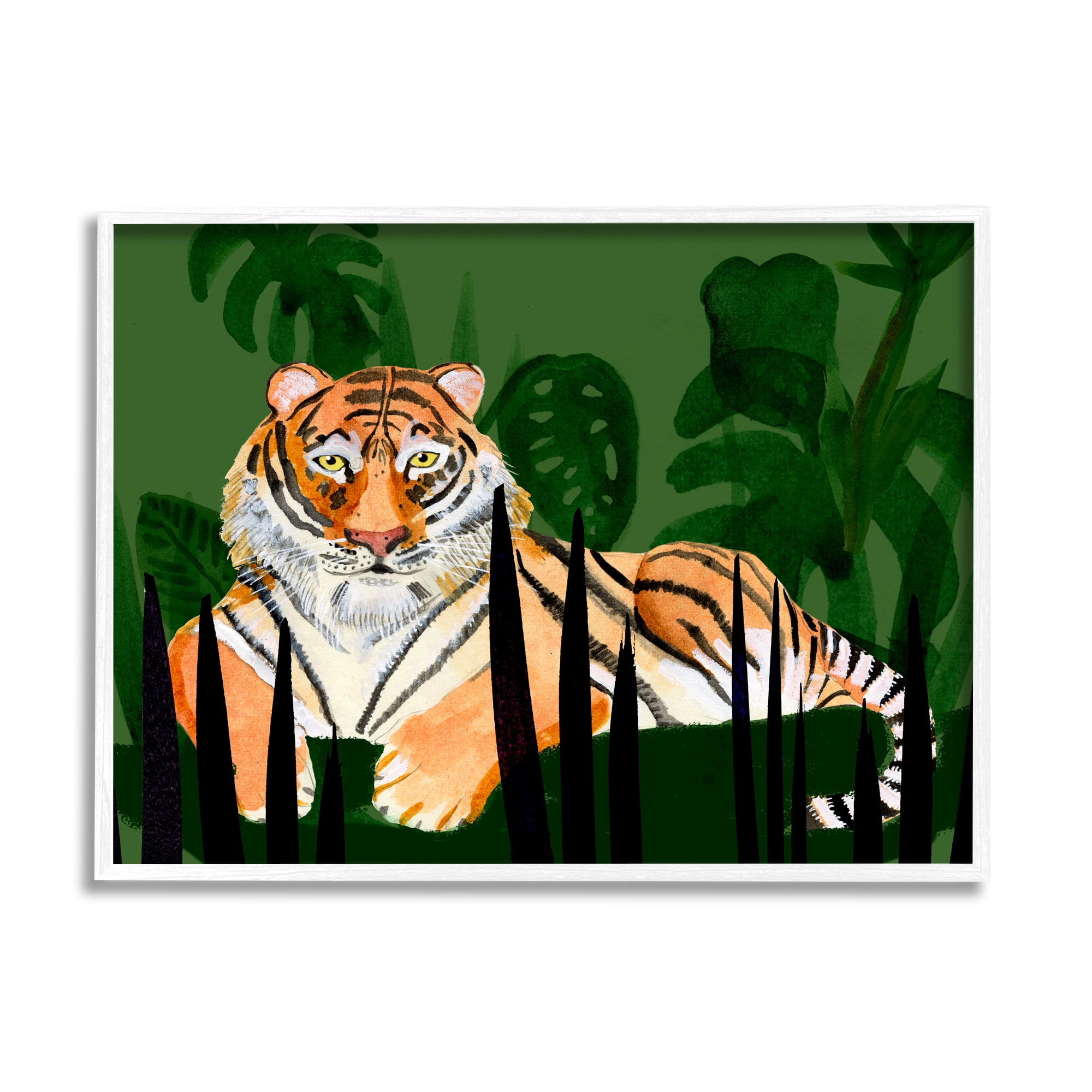 Stupell Tiger Tropical Plants Nature Animals & Insects Painting White Framed Art Print Wall Art