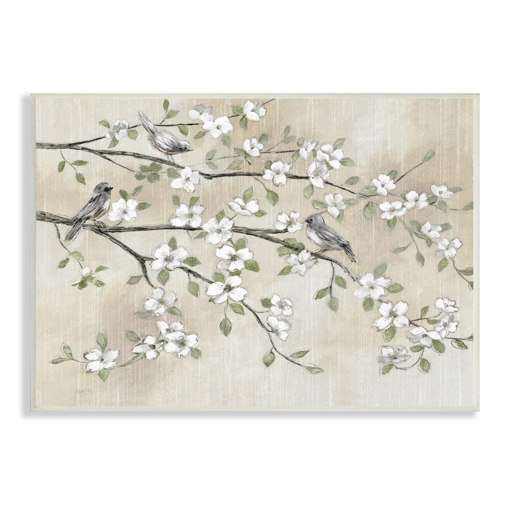 Stupell Industries Traditional White Cherry Blossom Birds Branches Painting , 15 x 10, Design by Nan
