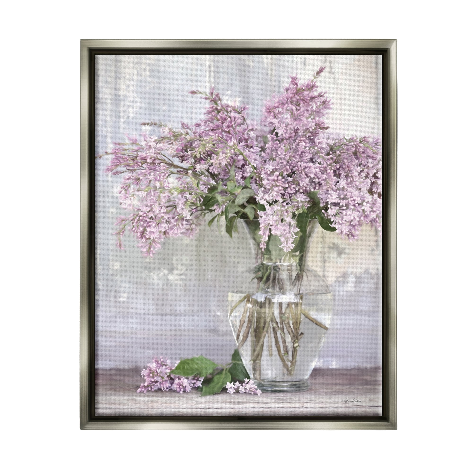 Stupell Tranquil Lilac Flower Vase Botanical & Floral Painting Gray Floater Framed Art Print Wall Art