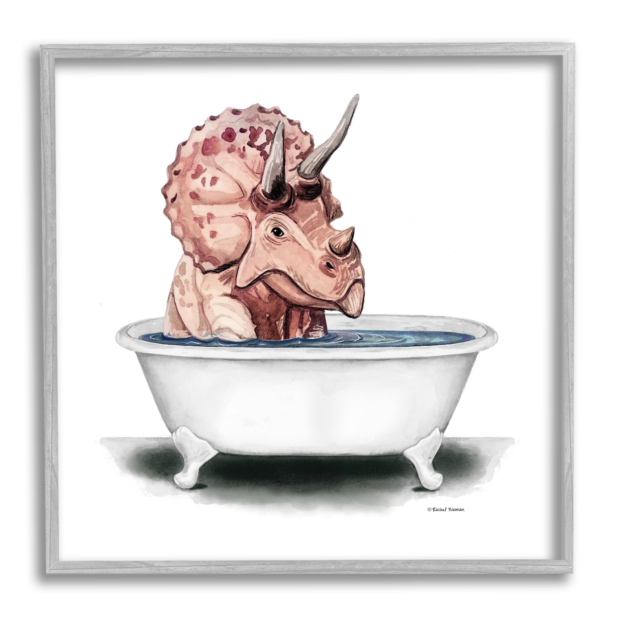 Stupell Triceratops Bathroom Dinosaur Tub Animals & Insects Painting Gray Framed Art Print Wall Art
