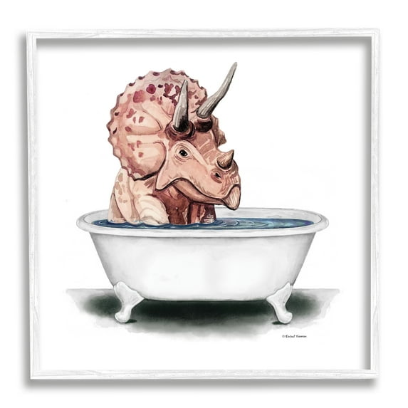 Stupell Triceratops Bathroom Dinosaur Tub Animals & Insects Painting White Framed Art Print Wall Art